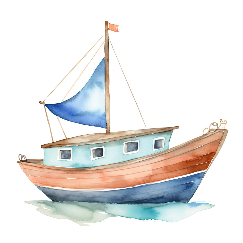 Watercolor Boat Fabric Panel QuiltingFabricPanels