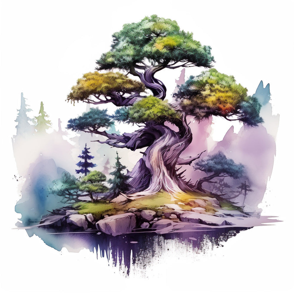 Watercolor Bonsai Tree Fabric Panel 3 QuiltingFabricPanels