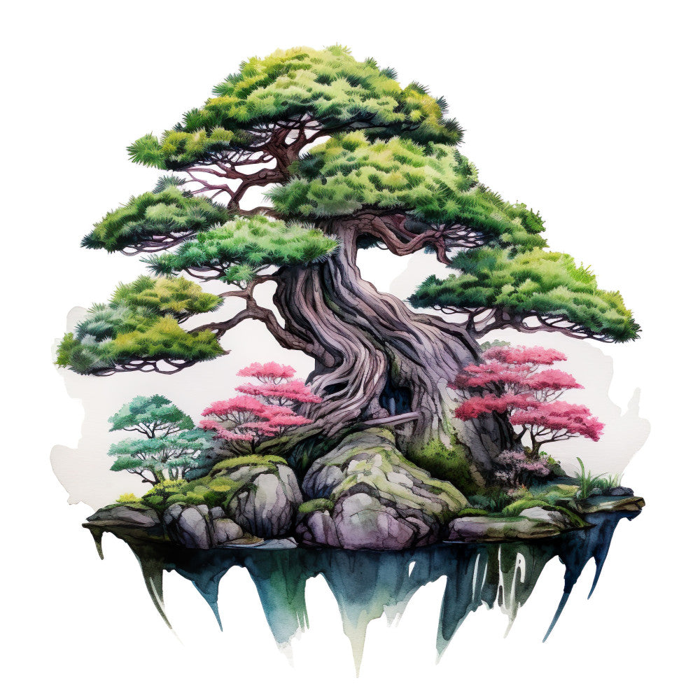 Watercolor Bonsai Tree Fabric Panel 6 QuiltingFabricPanels