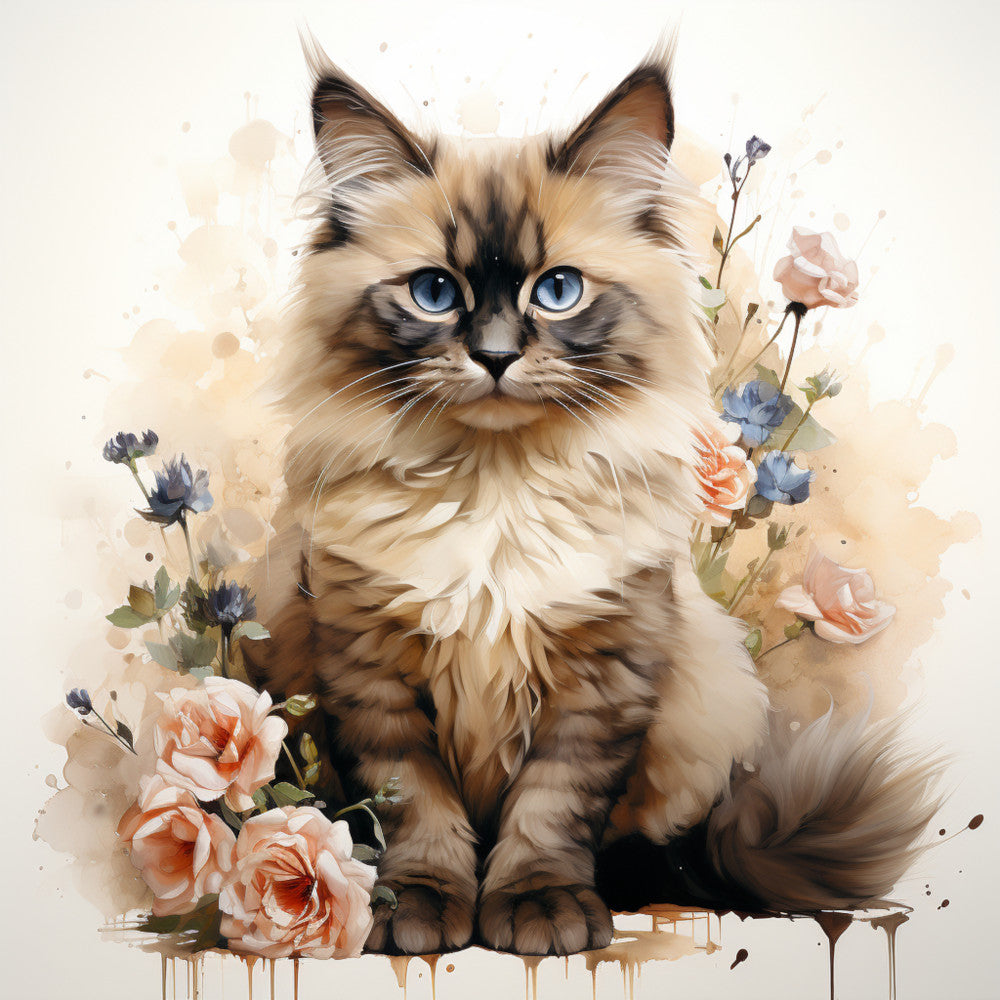 Watercolor Cats with Flowers Fabric Panel 17
