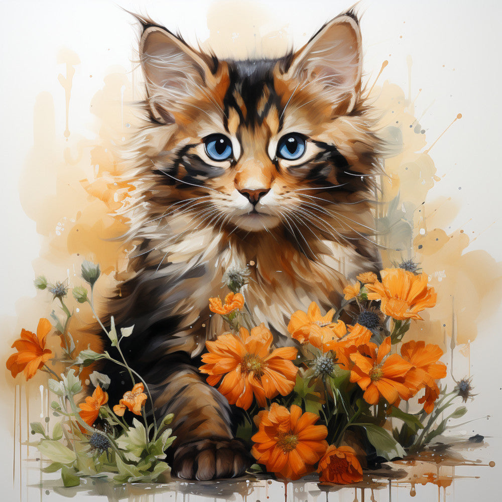 Watercolor Cats with Flowers Fabric Panel 6 QuiltingFabricPanels