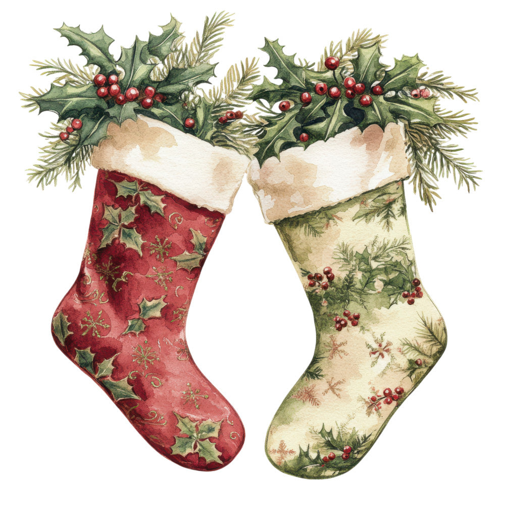 Watercolor Christmas Stockings Fabric Panel 11 QuiltingFabricPanels