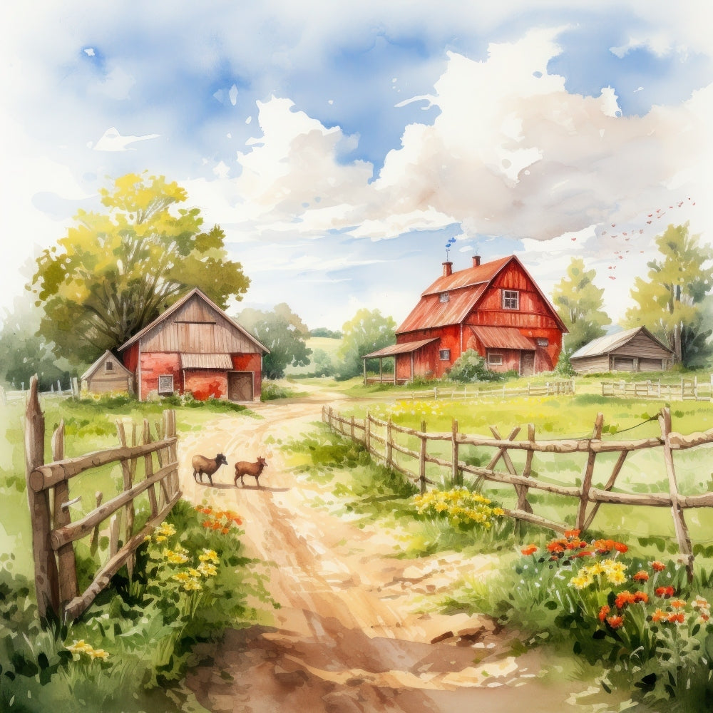 Watercolor Farm Life Fabric Panel 12 QuiltingFabricPanels
