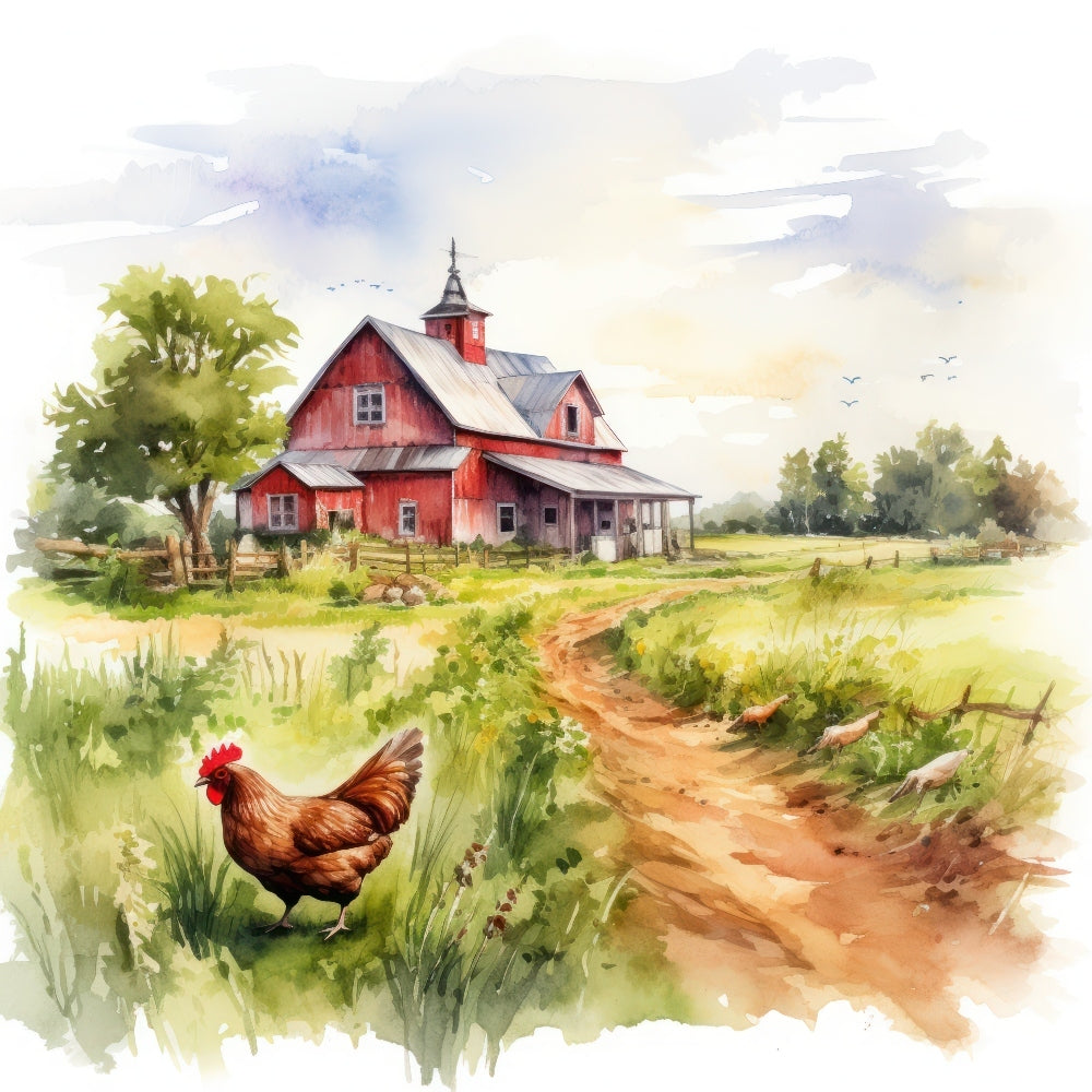 Watercolor Farm Life Fabric Panel 15