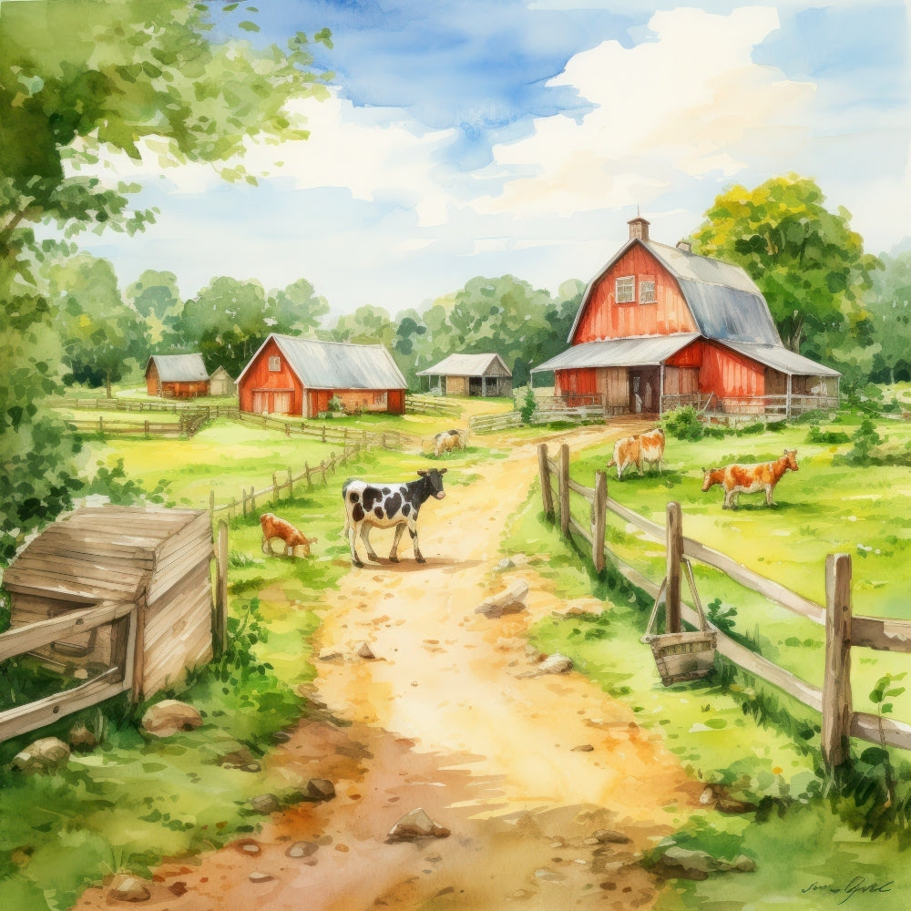 Watercolor Farm Life Fabric Panel 9 QuiltingFabricPanels