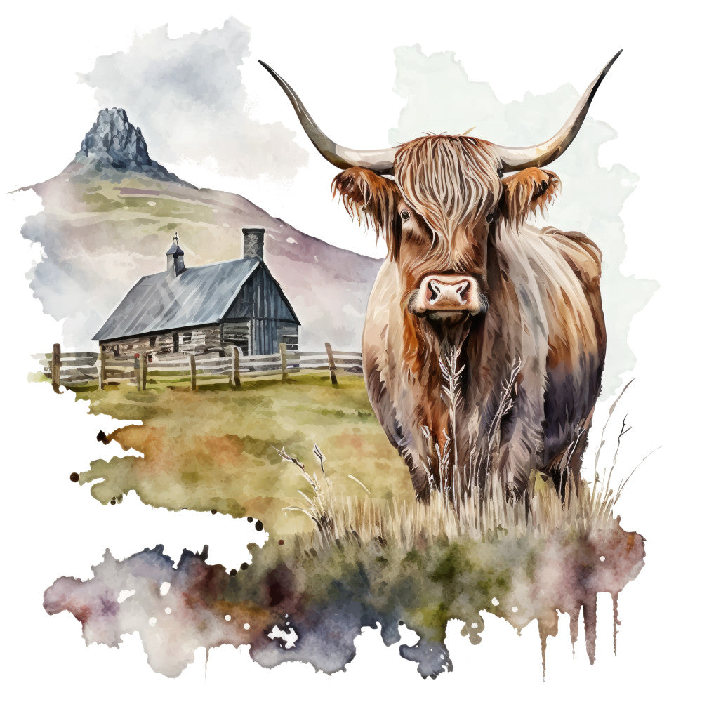 Watercolor Highland Cows Fabric Panel 1