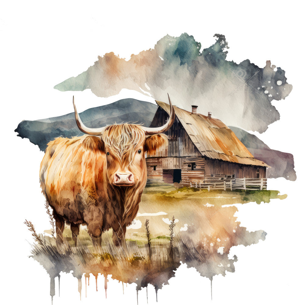 Watercolor Highland Cows Fabric Panel 11 QuiltingFabricPanels
