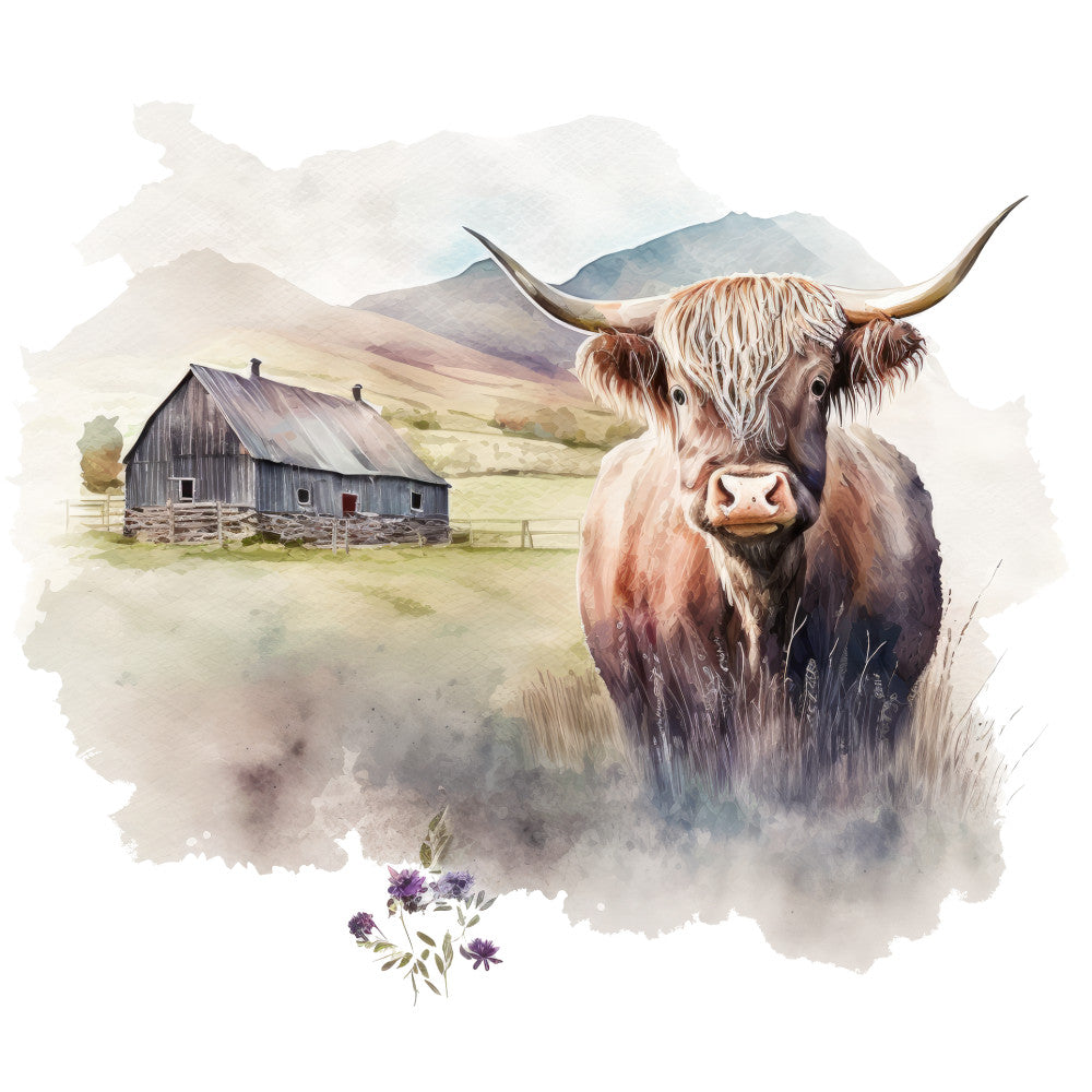Watercolor Highland Cows Fabric Panel 7 QuiltingFabricPanels