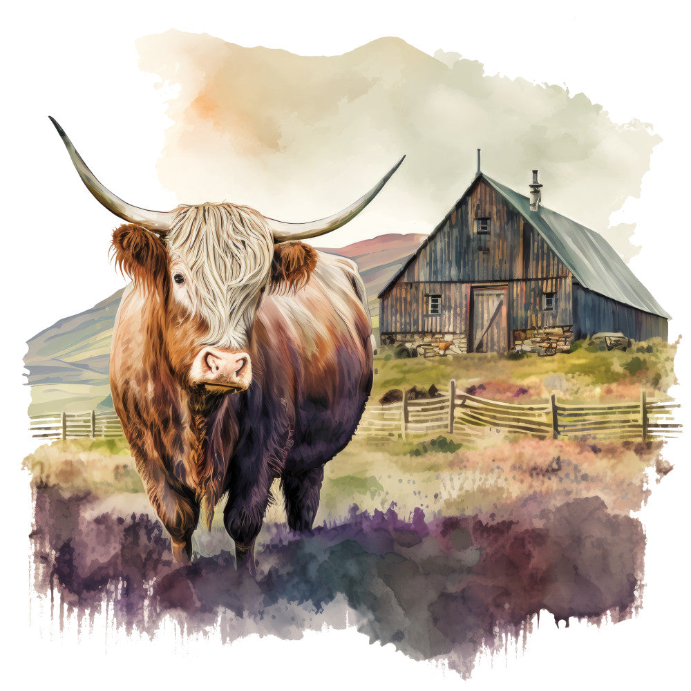 Watercolor Highland Cows Fabric Panel 8 QuiltingFabricPanels