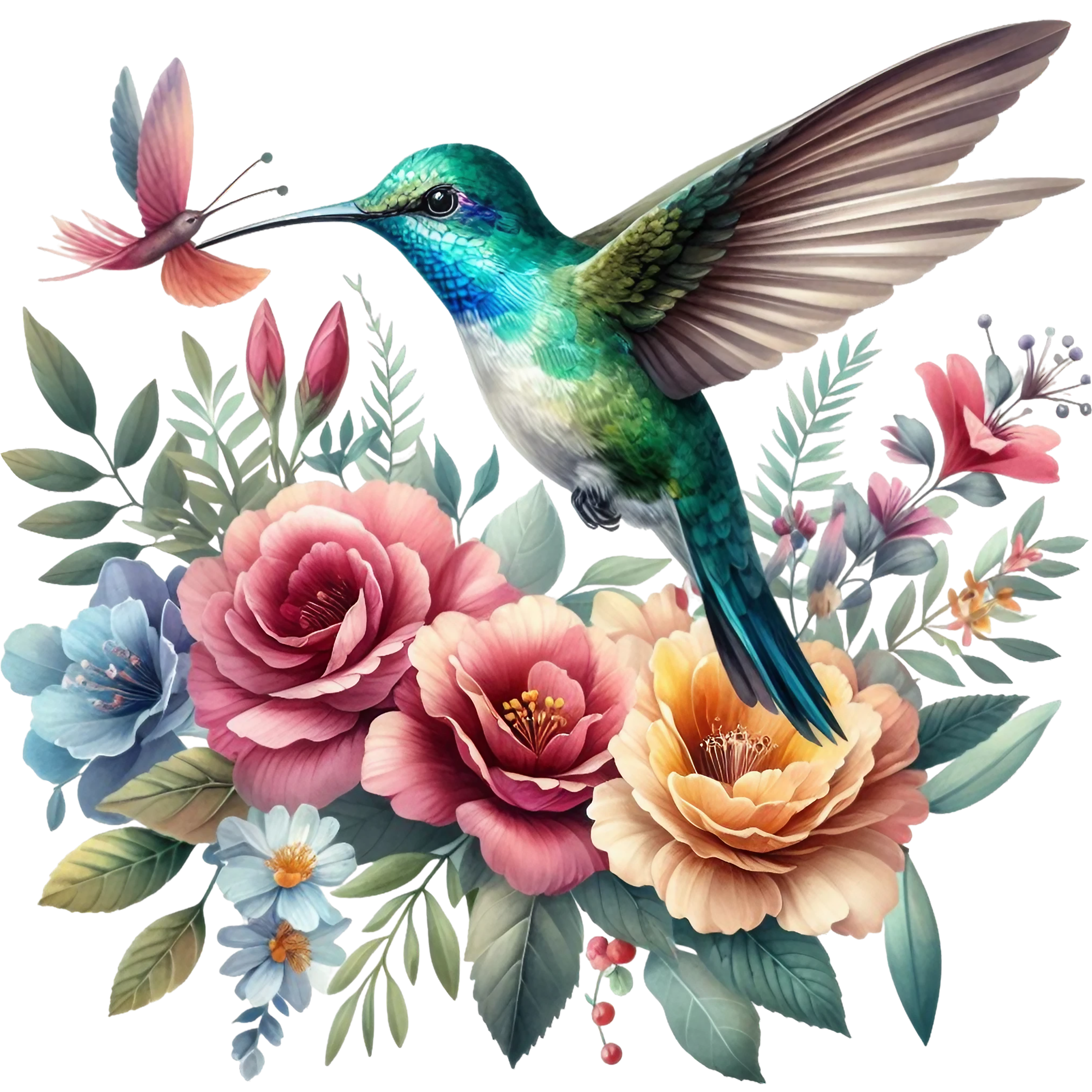 Watercolor Hummingbird Floral Fabric Panel 11