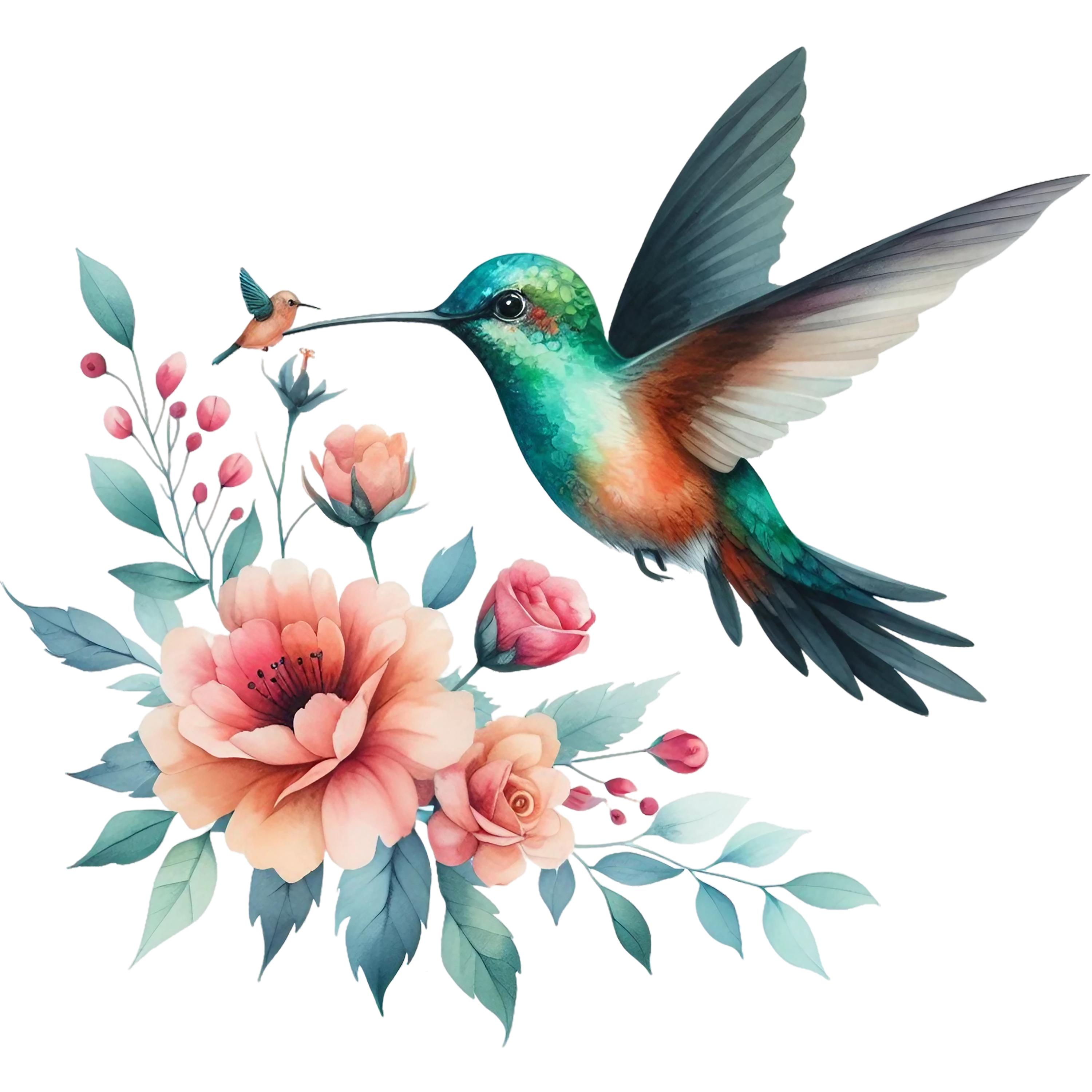 Watercolor Hummingbird Floral Fabric Panel 13