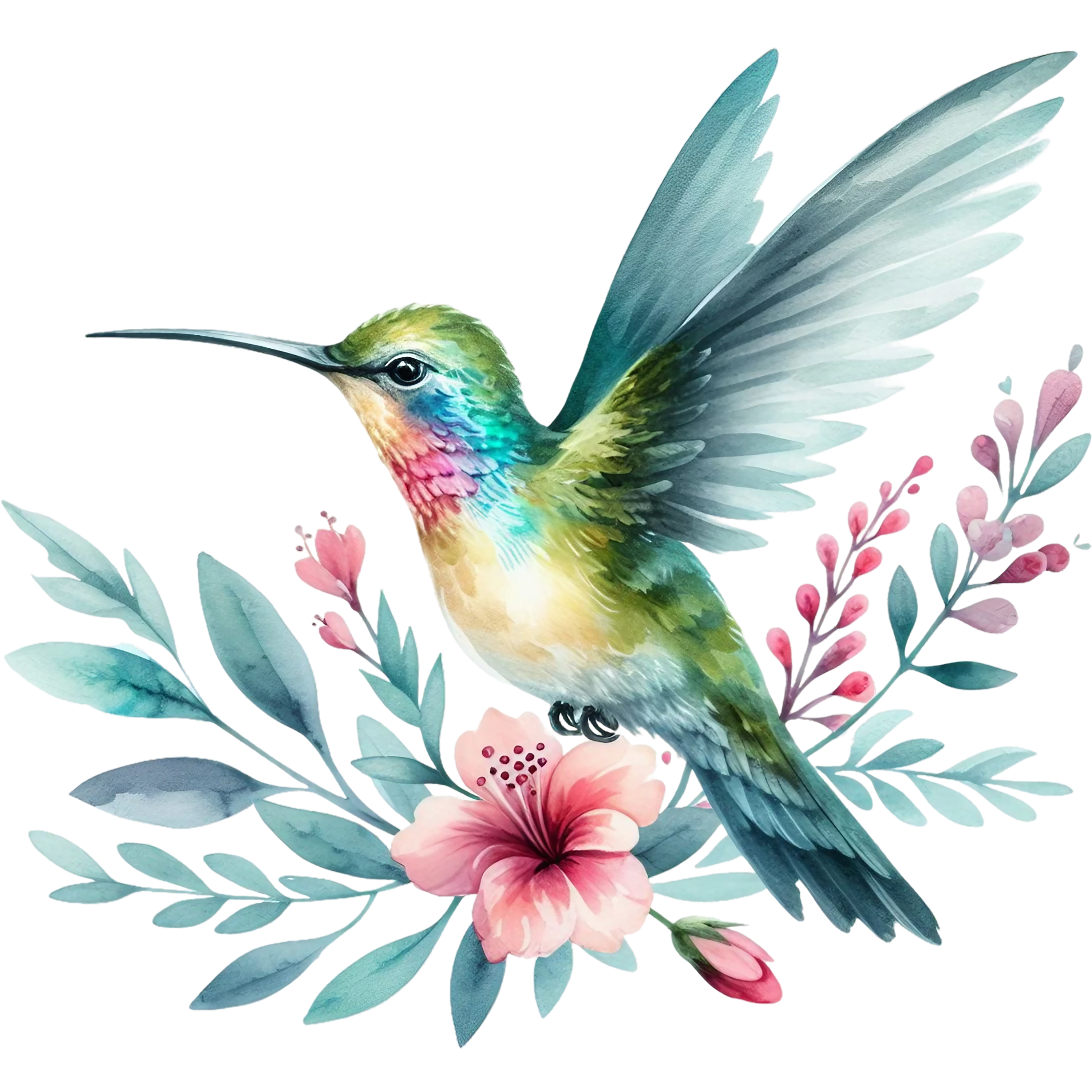 Watercolor Hummingbird Floral Fabric Panel 14