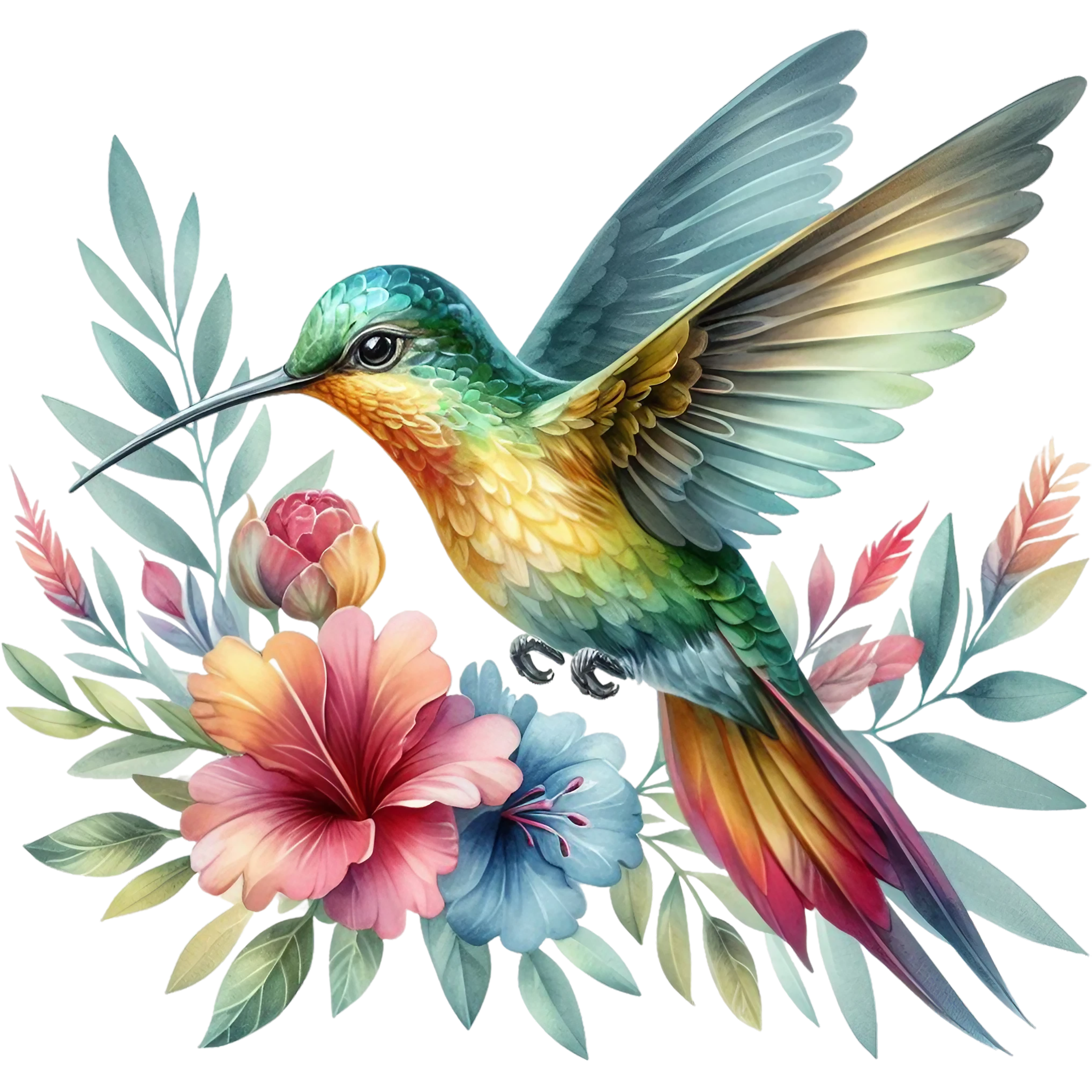 Watercolor Hummingbird Floral Fabric Panel 16