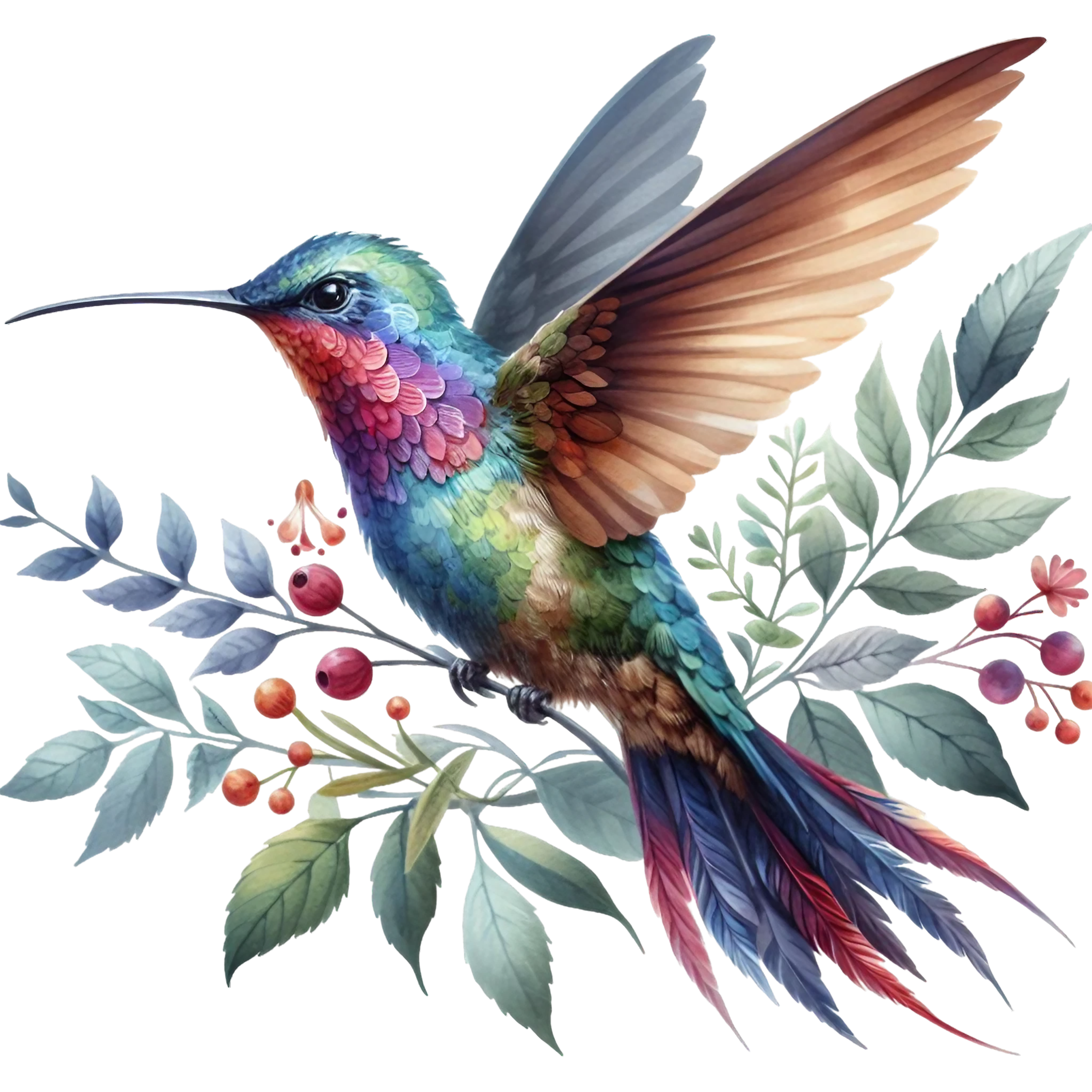 Watercolor Hummingbird Floral Fabric Panel 18