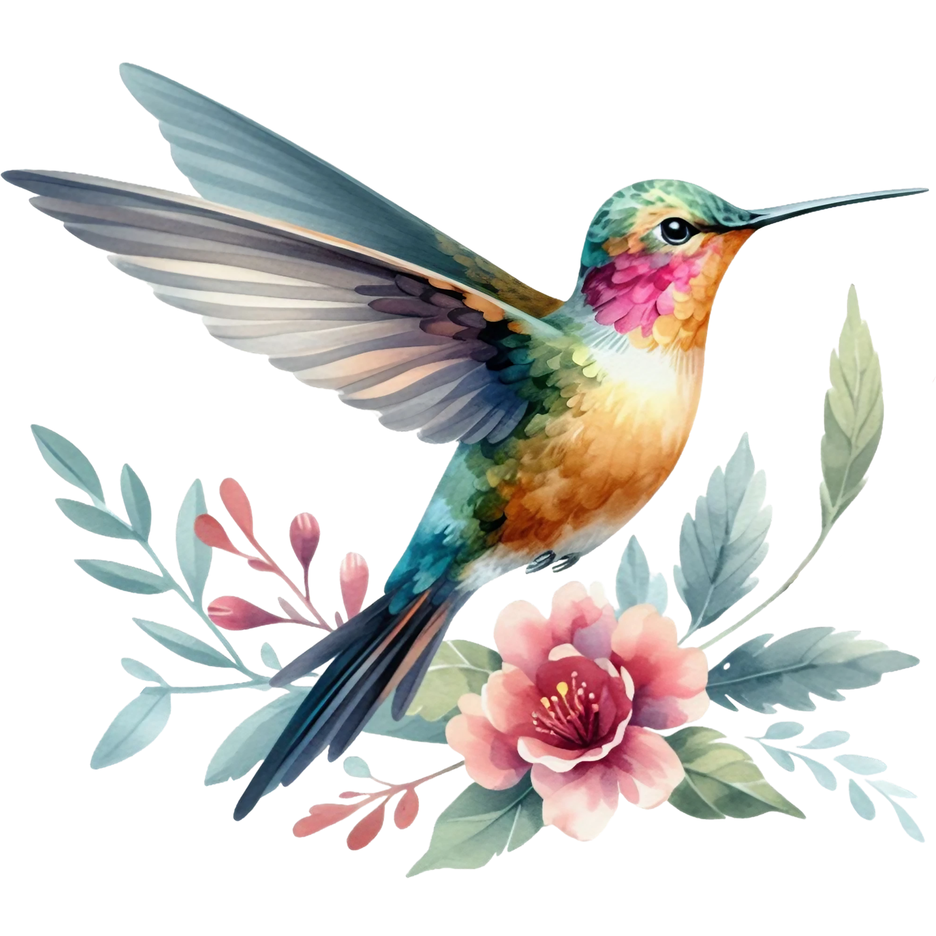 Watercolor Hummingbird Floral Fabric Panel 19