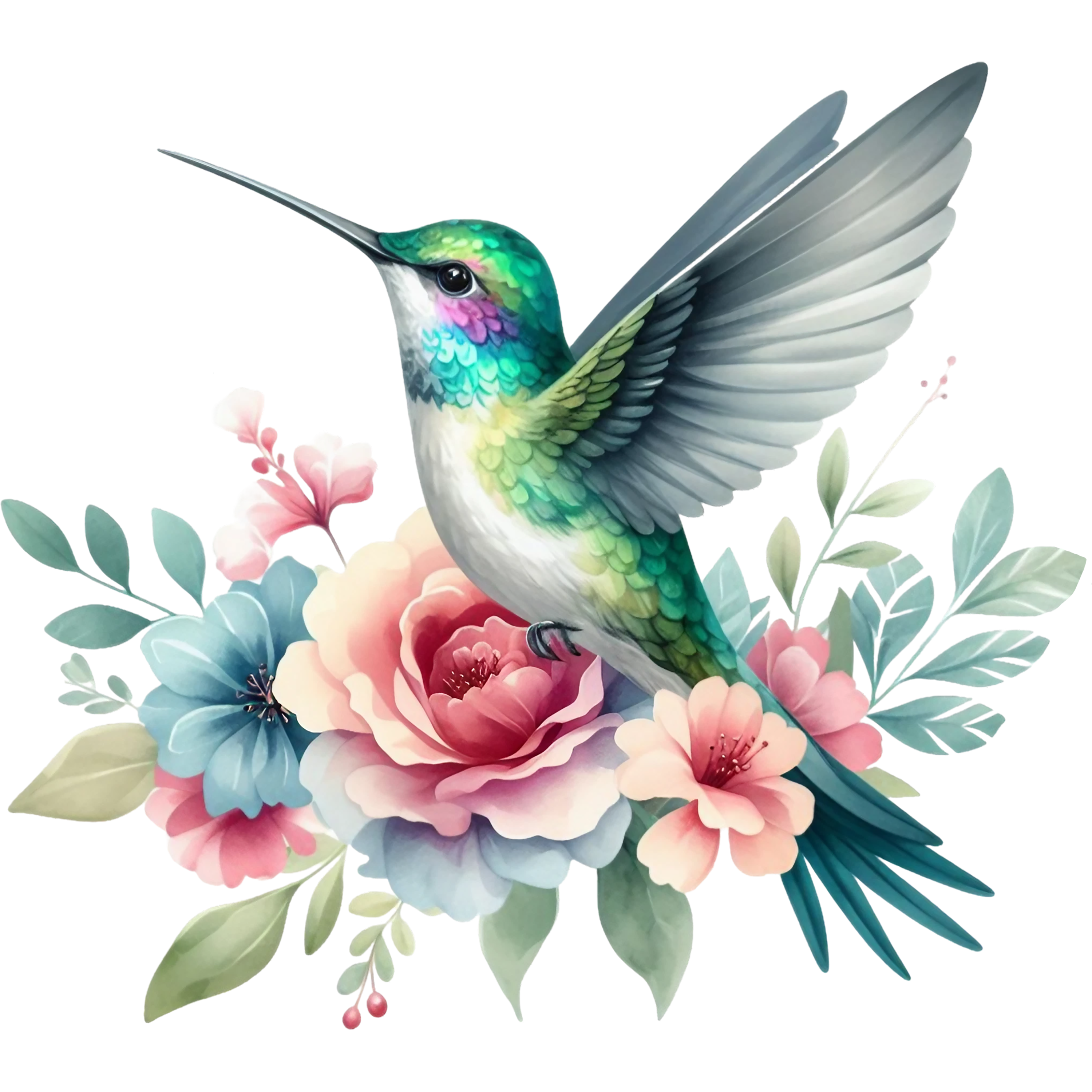 Watercolor Hummingbird Floral Fabric Panel 20