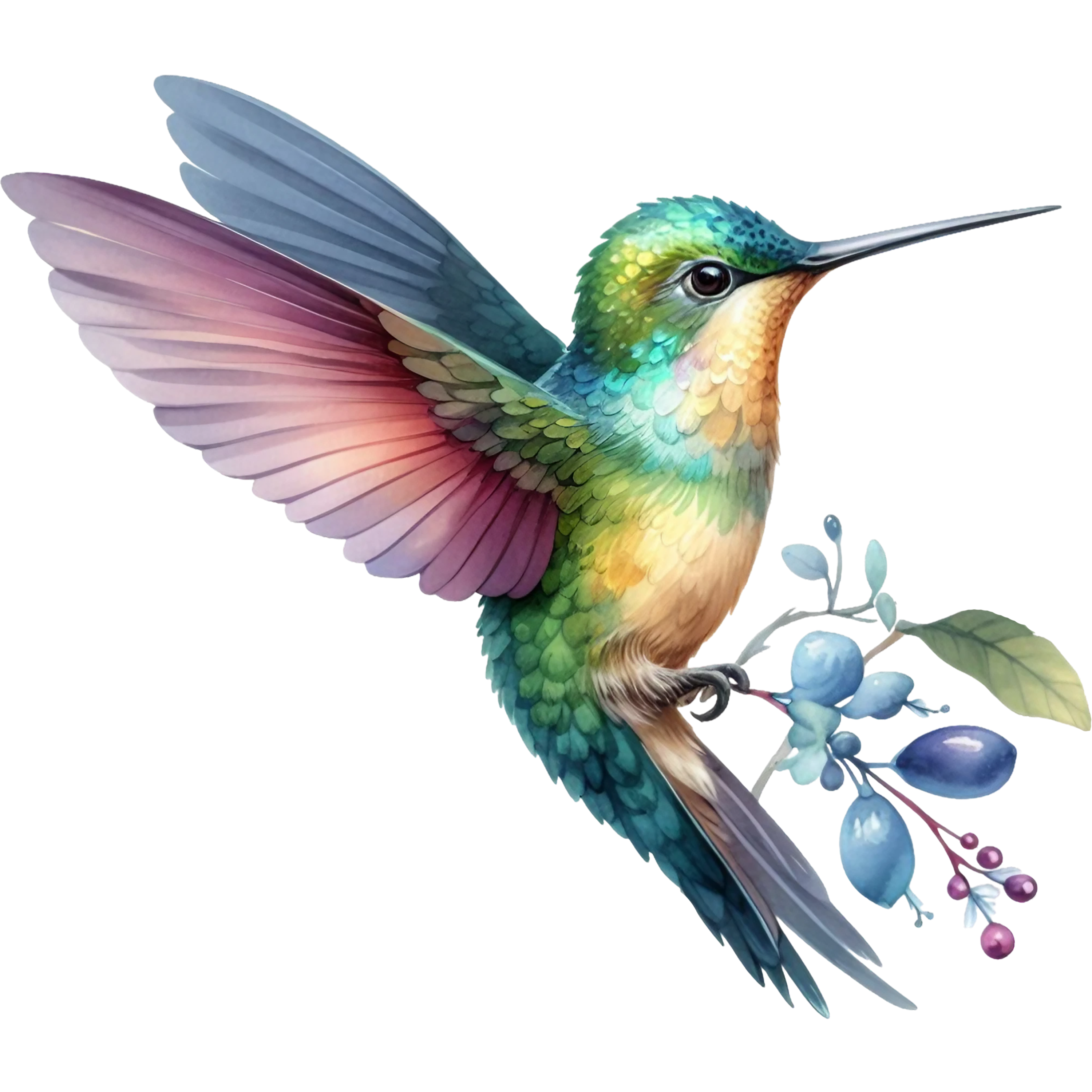 Watercolor Hummingbird Floral Fabric Panel 21