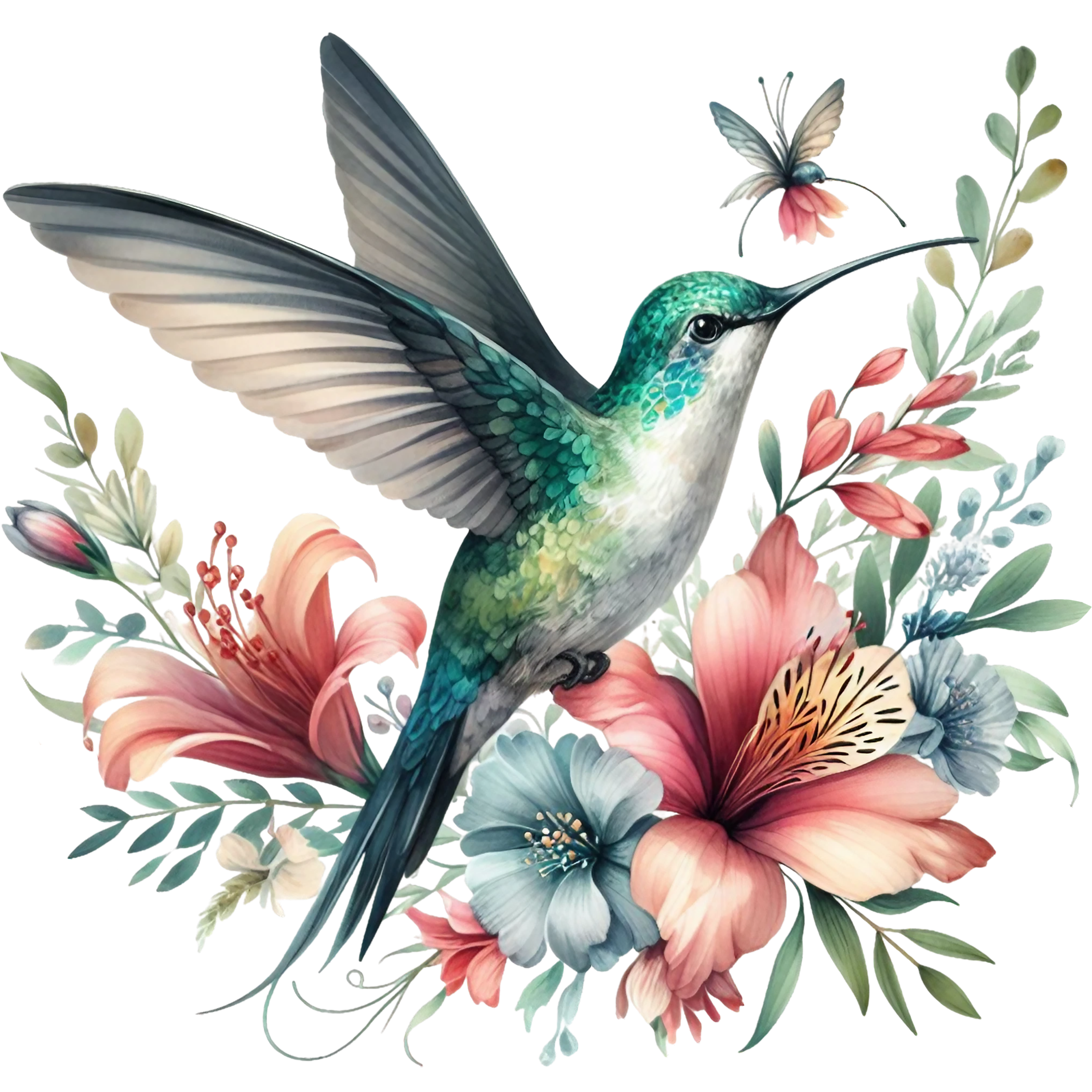 Watercolor Hummingbird Floral Fabric Panel 23 QuiltingFabricPanels