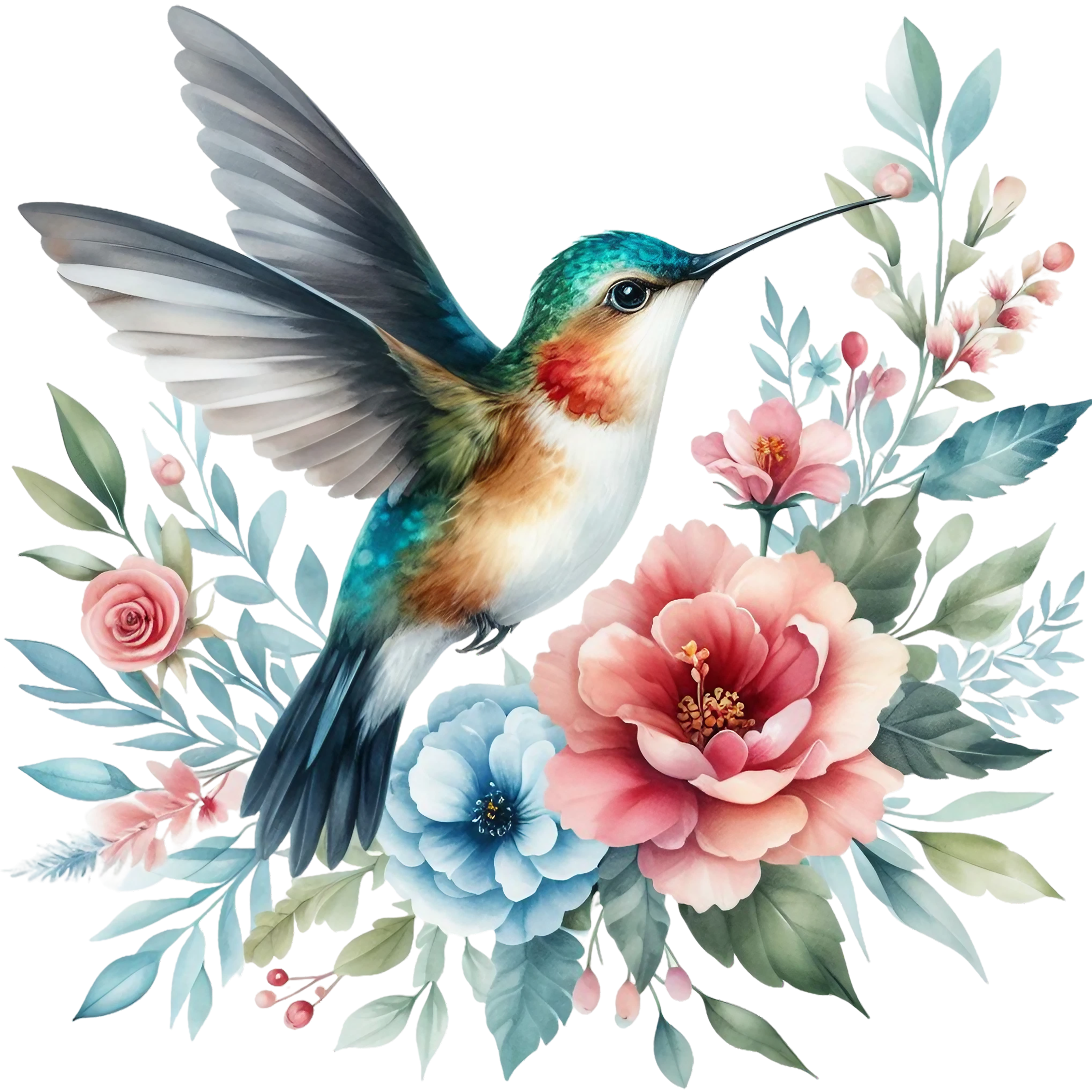 Watercolor Hummingbird Floral Fabric Panel 24