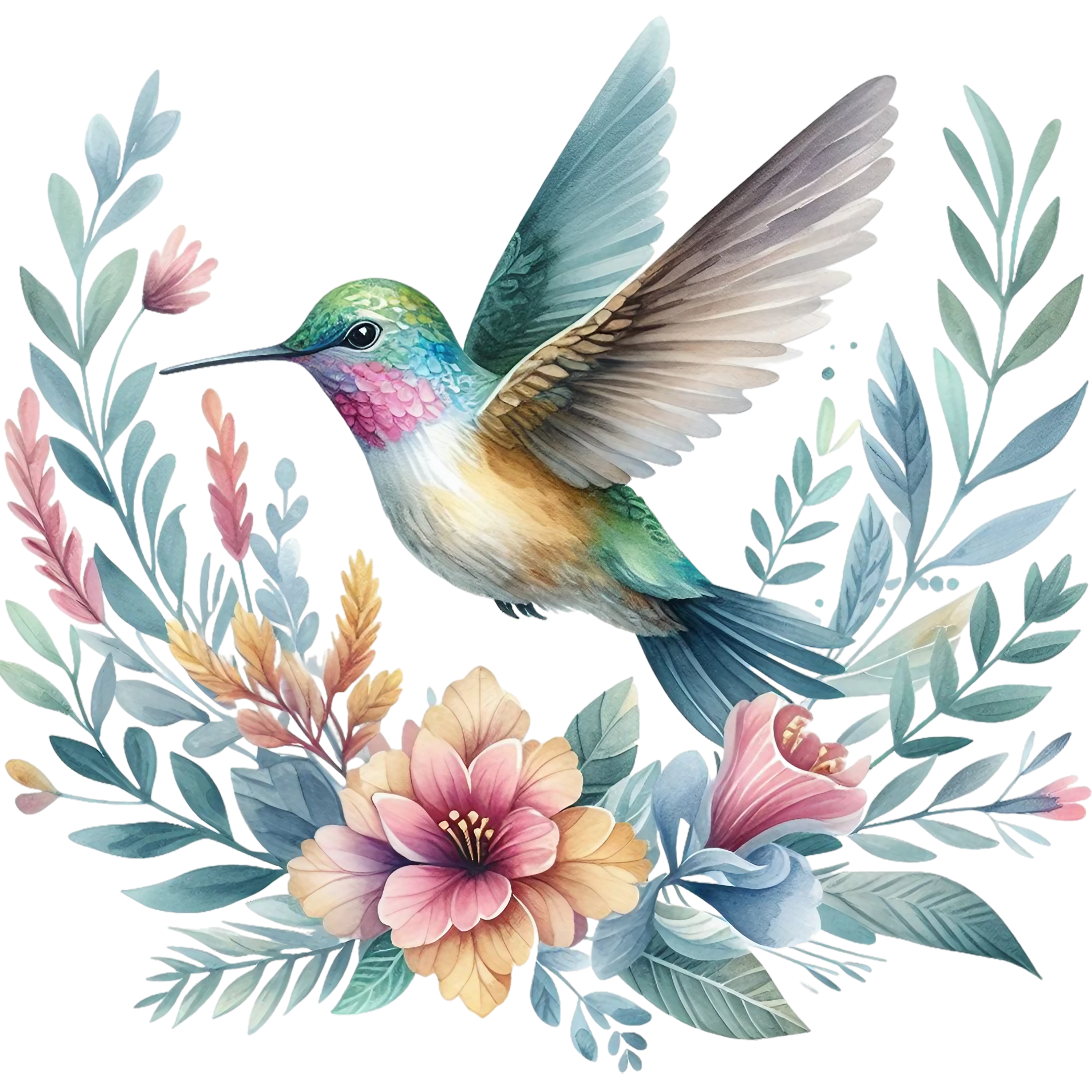 Watercolor Hummingbird Floral Fabric Panel 26