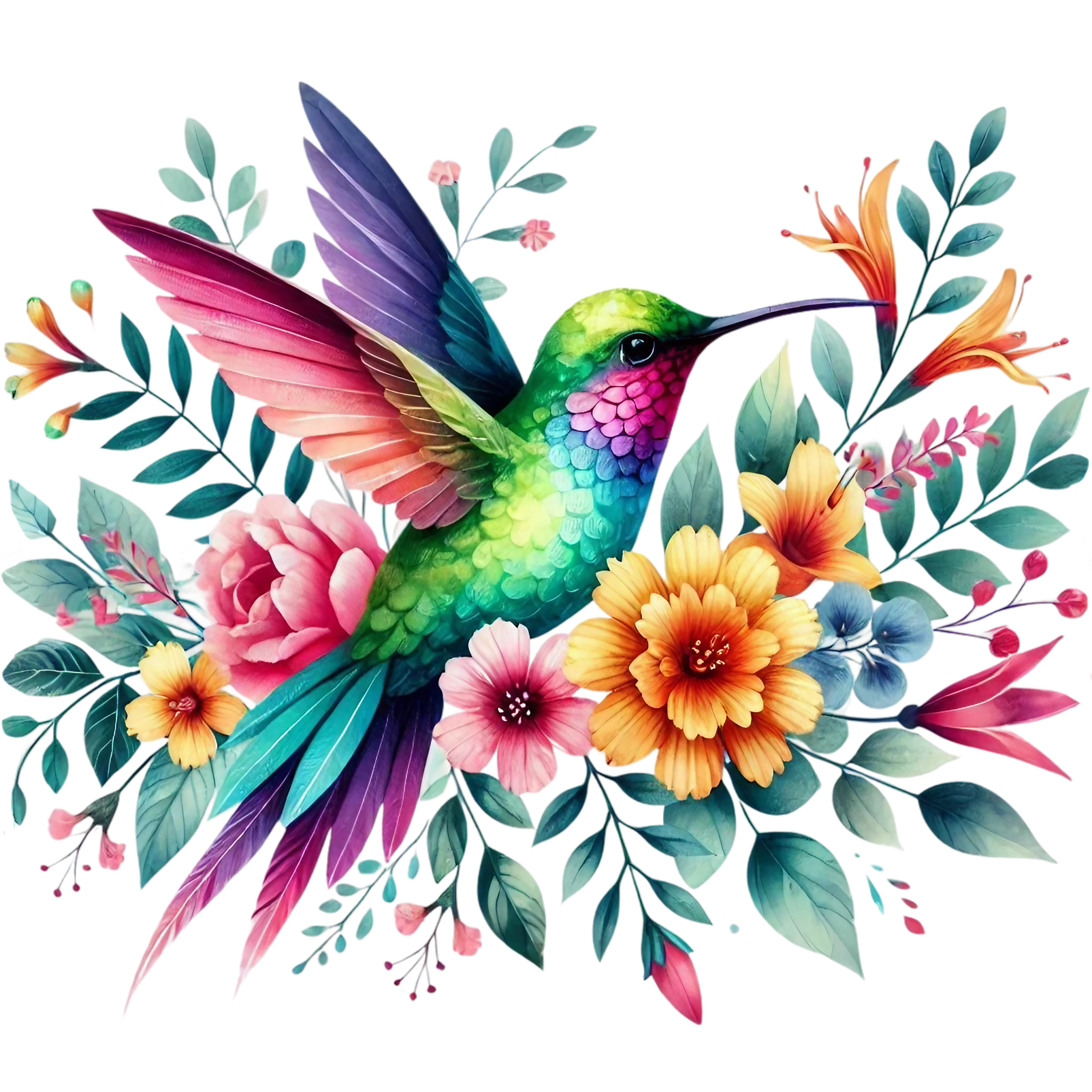 Watercolor Hummingbird Floral Fabric Panel 30