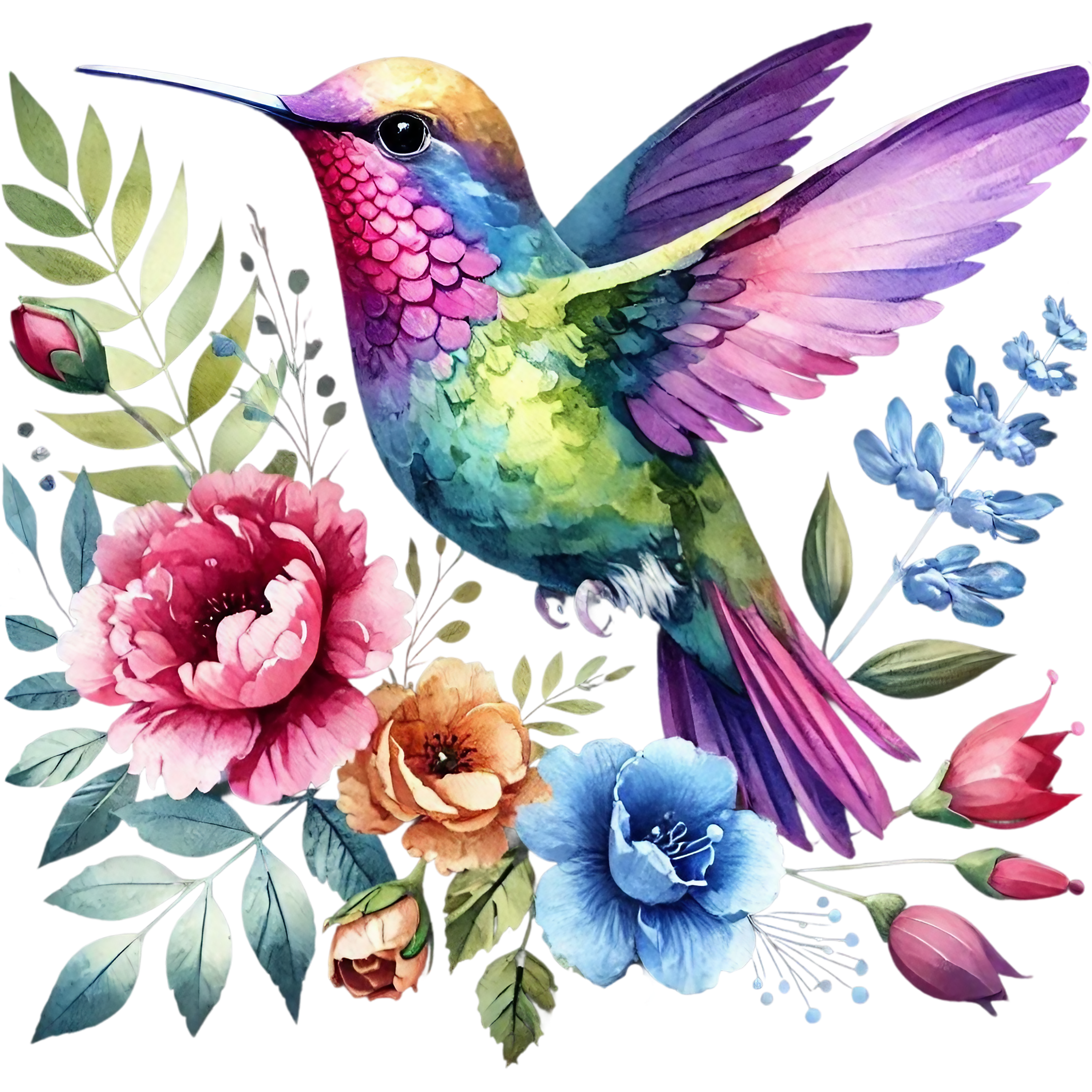 Watercolor Hummingbird Floral Fabric Panel 31