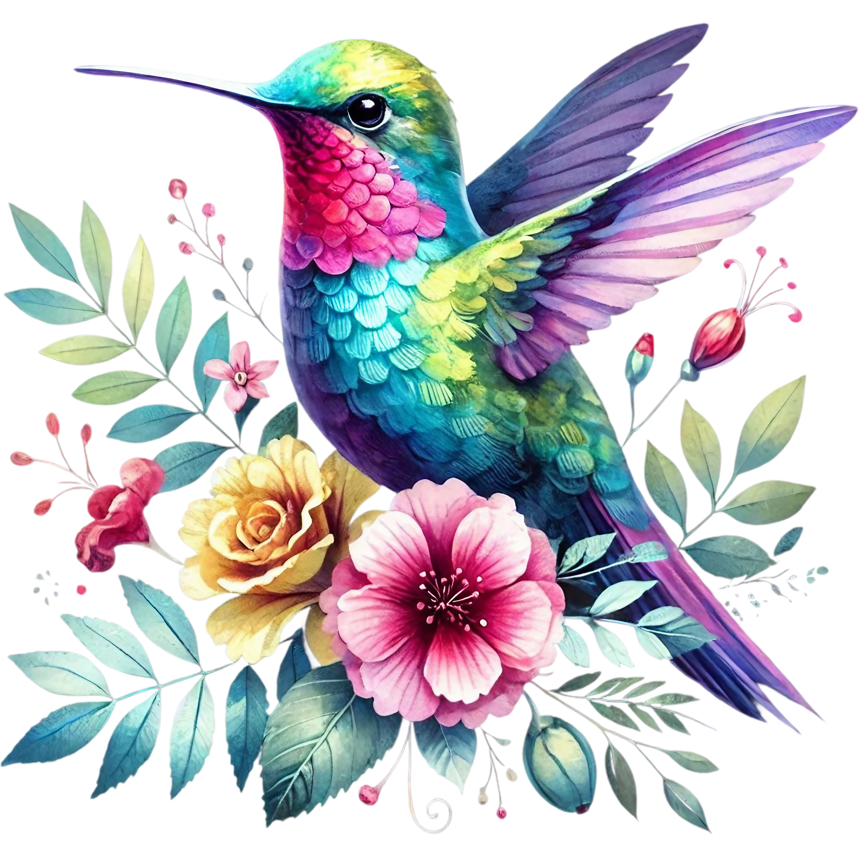 Watercolor Hummingbird Floral Fabric Panel 32