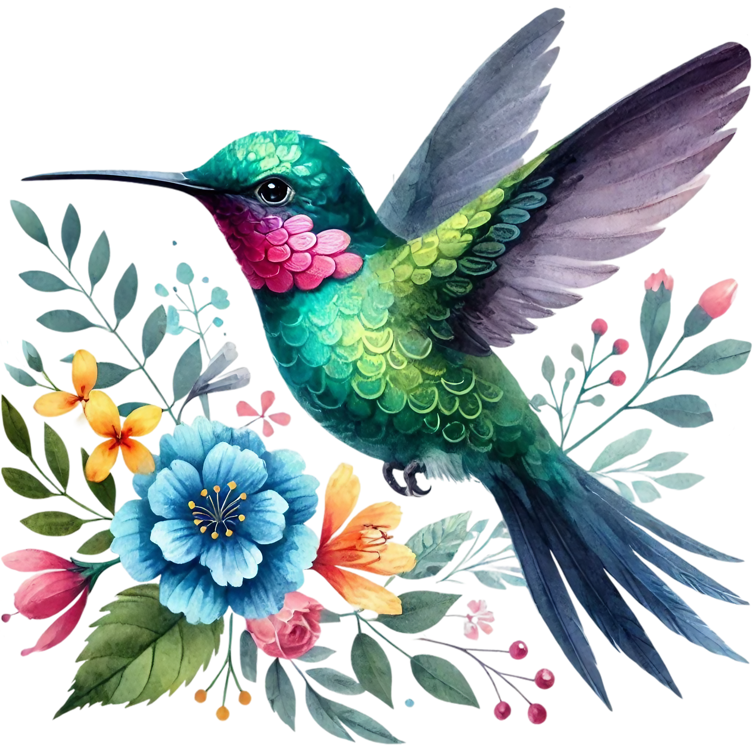 Watercolor Hummingbird Floral Fabric Panel 33