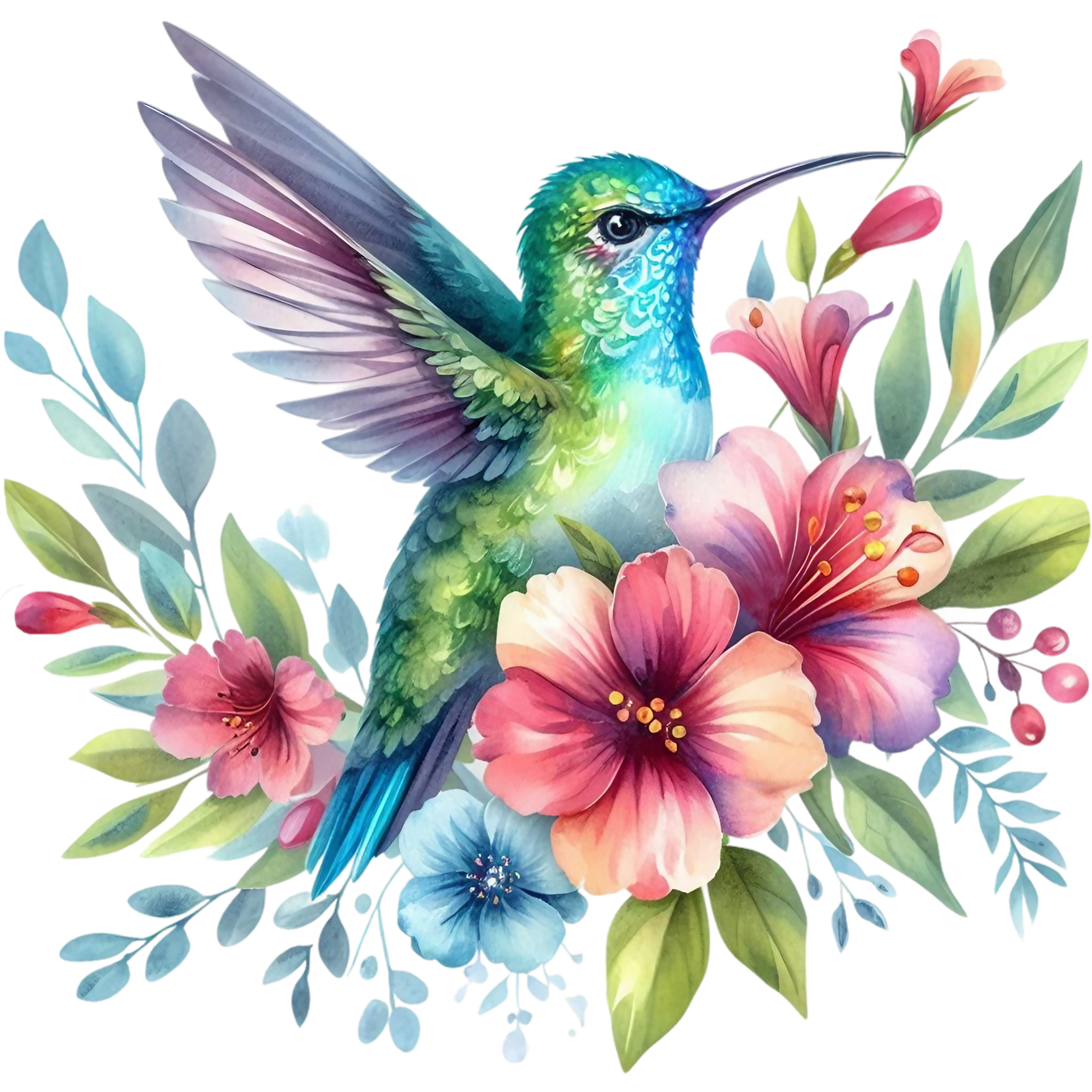Watercolor Hummingbird Floral Fabric Panel 34
