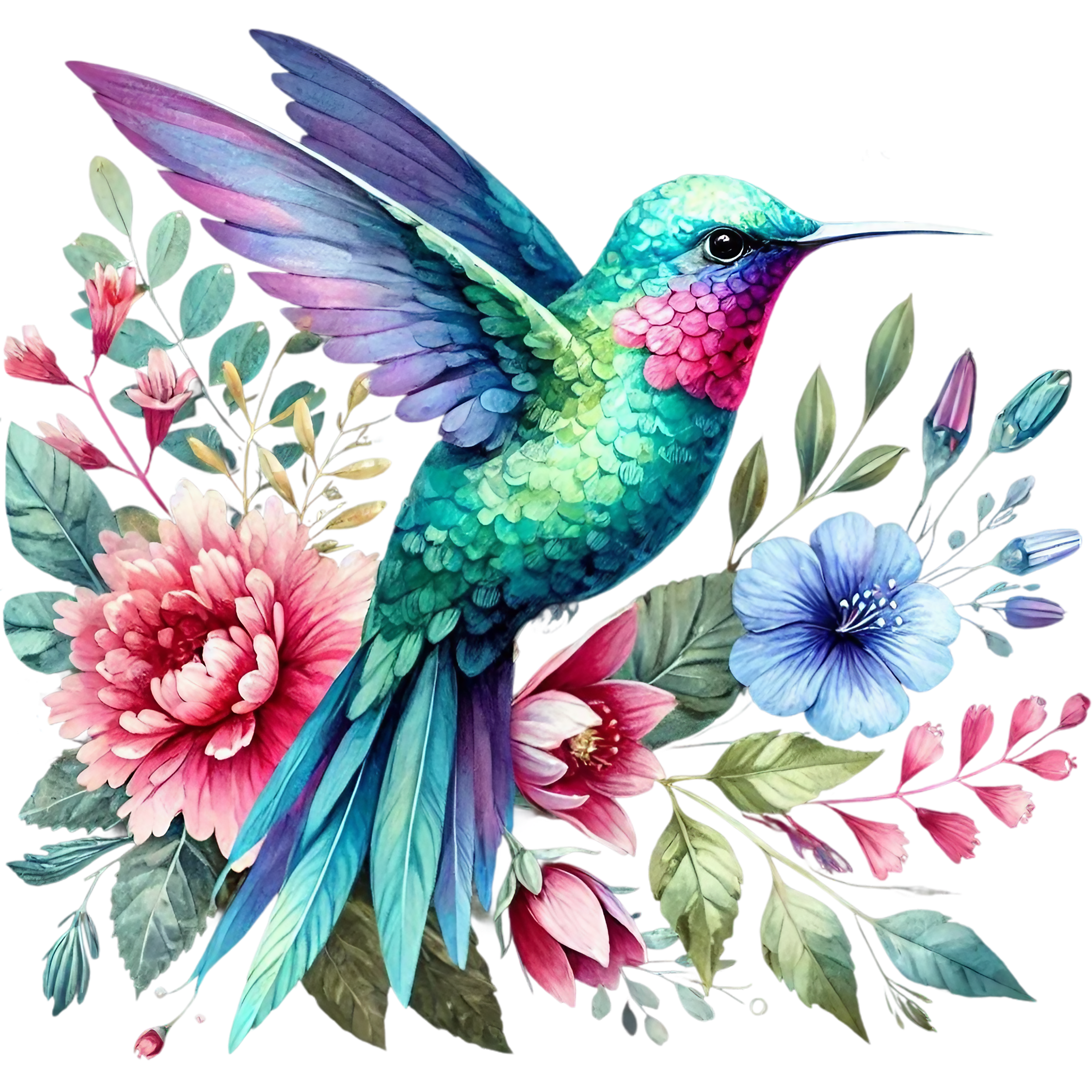 Watercolor Hummingbird Floral Fabric Panel 35