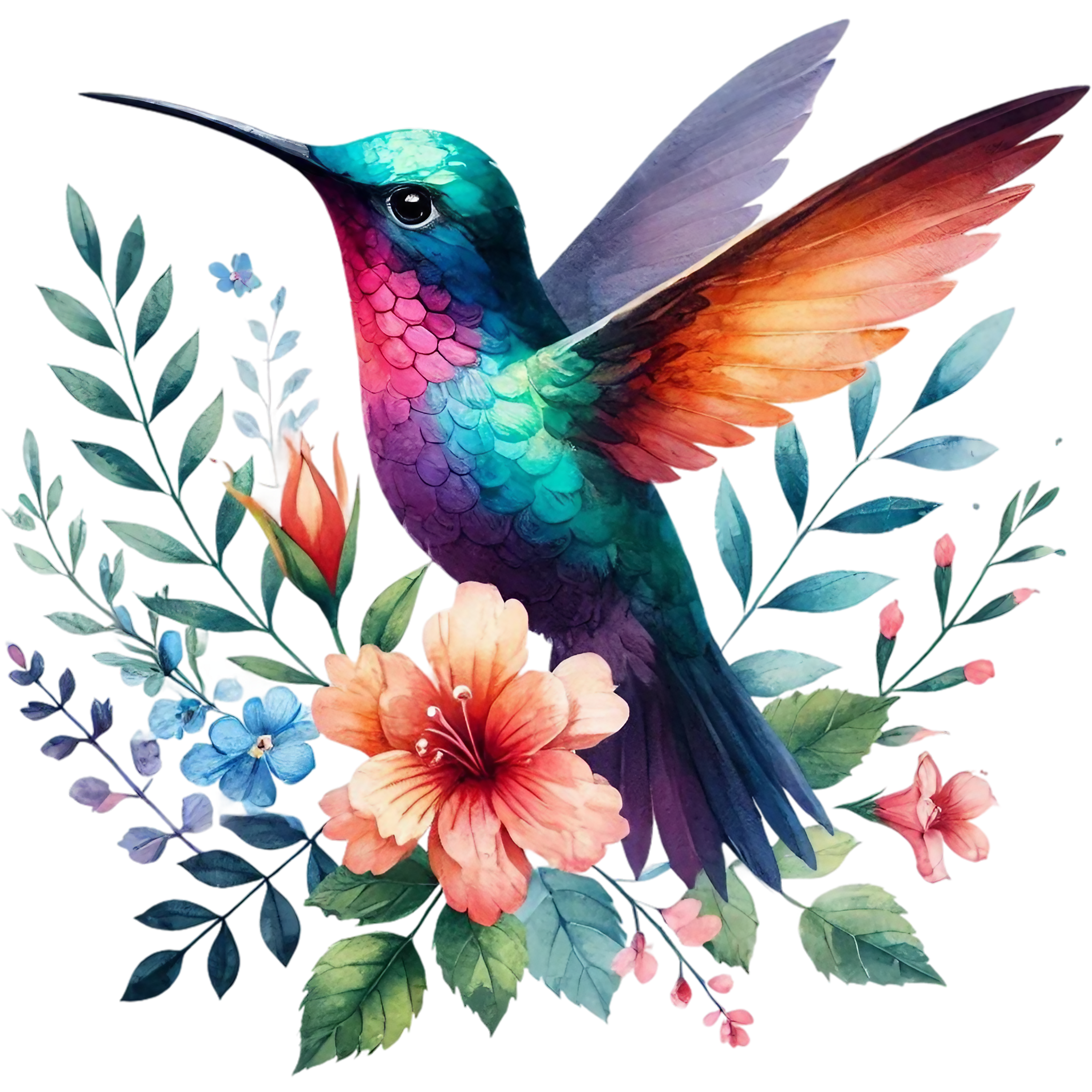 Watercolor Hummingbird Floral Fabric Panel 36