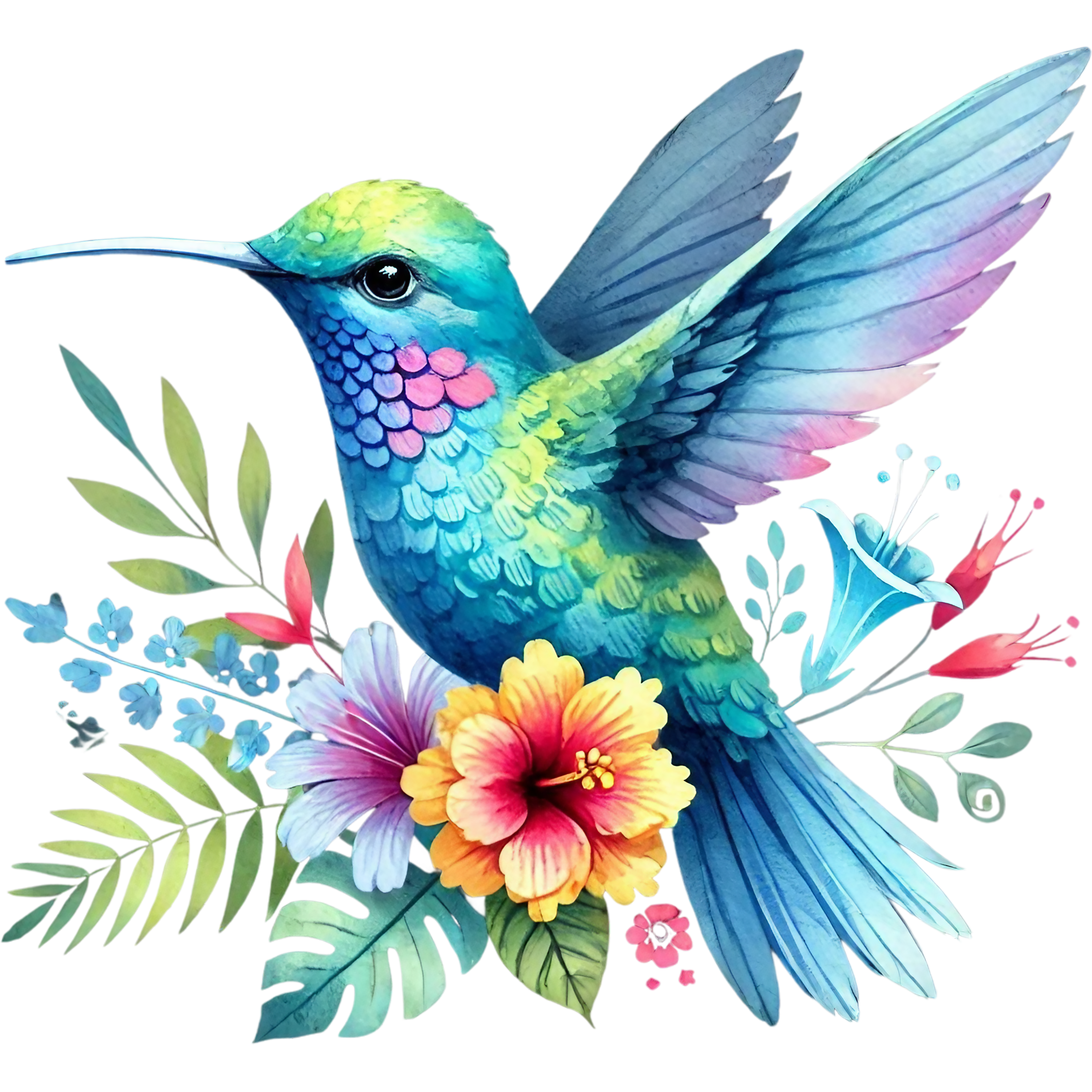 Watercolor Hummingbird Floral Fabric Panel 38