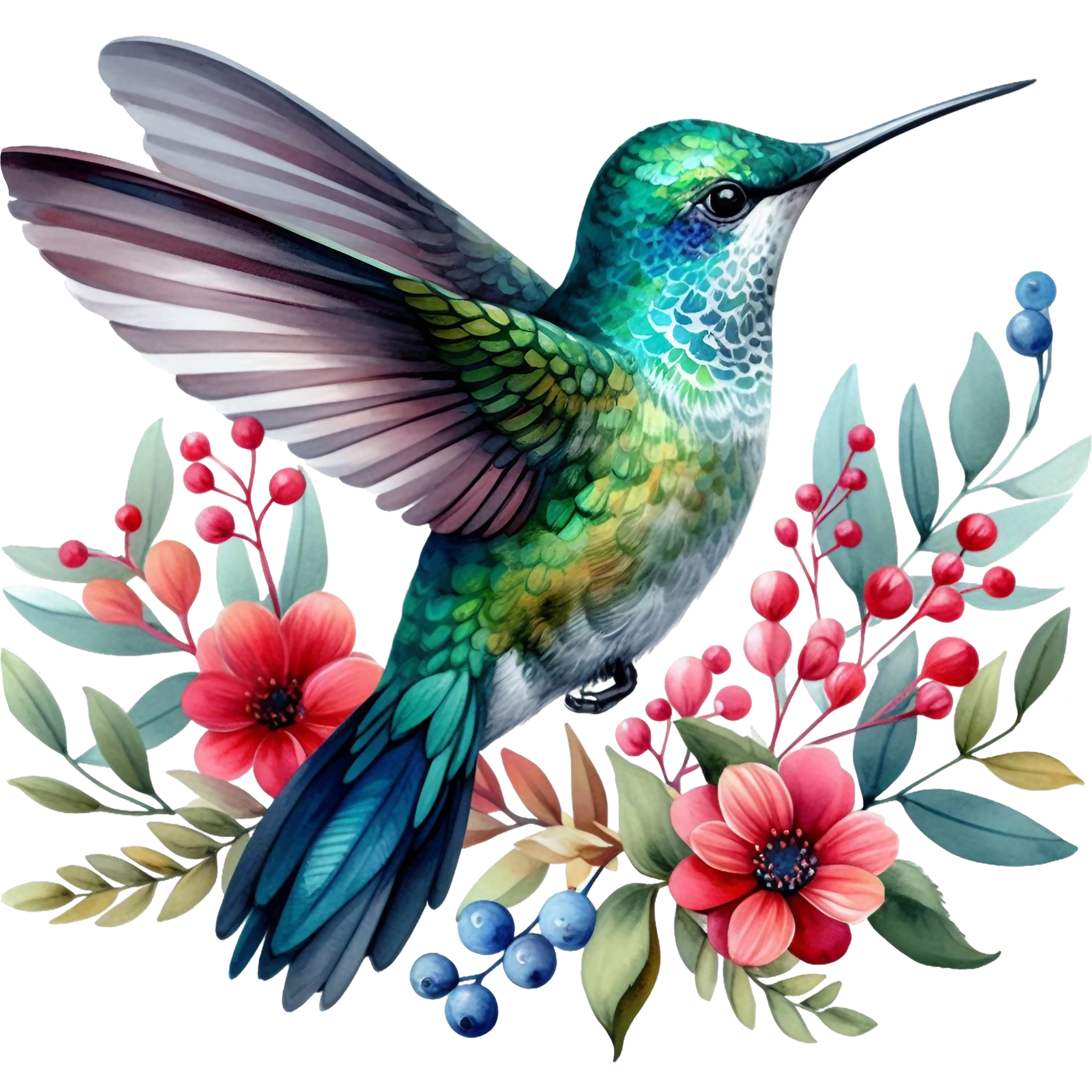 Watercolor Hummingbird Floral Fabric Panel 4