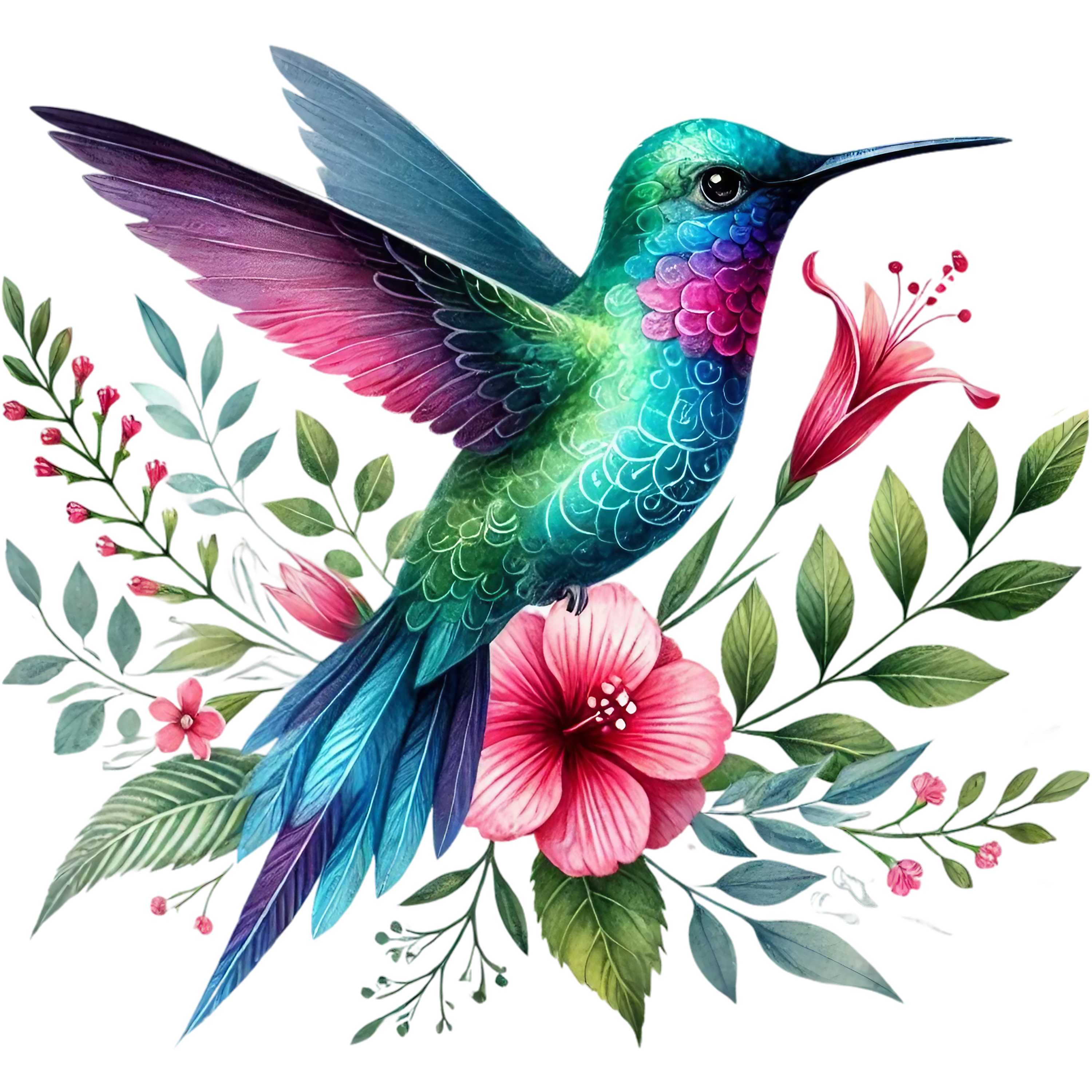 Watercolor Hummingbird Floral Fabric Panel 40