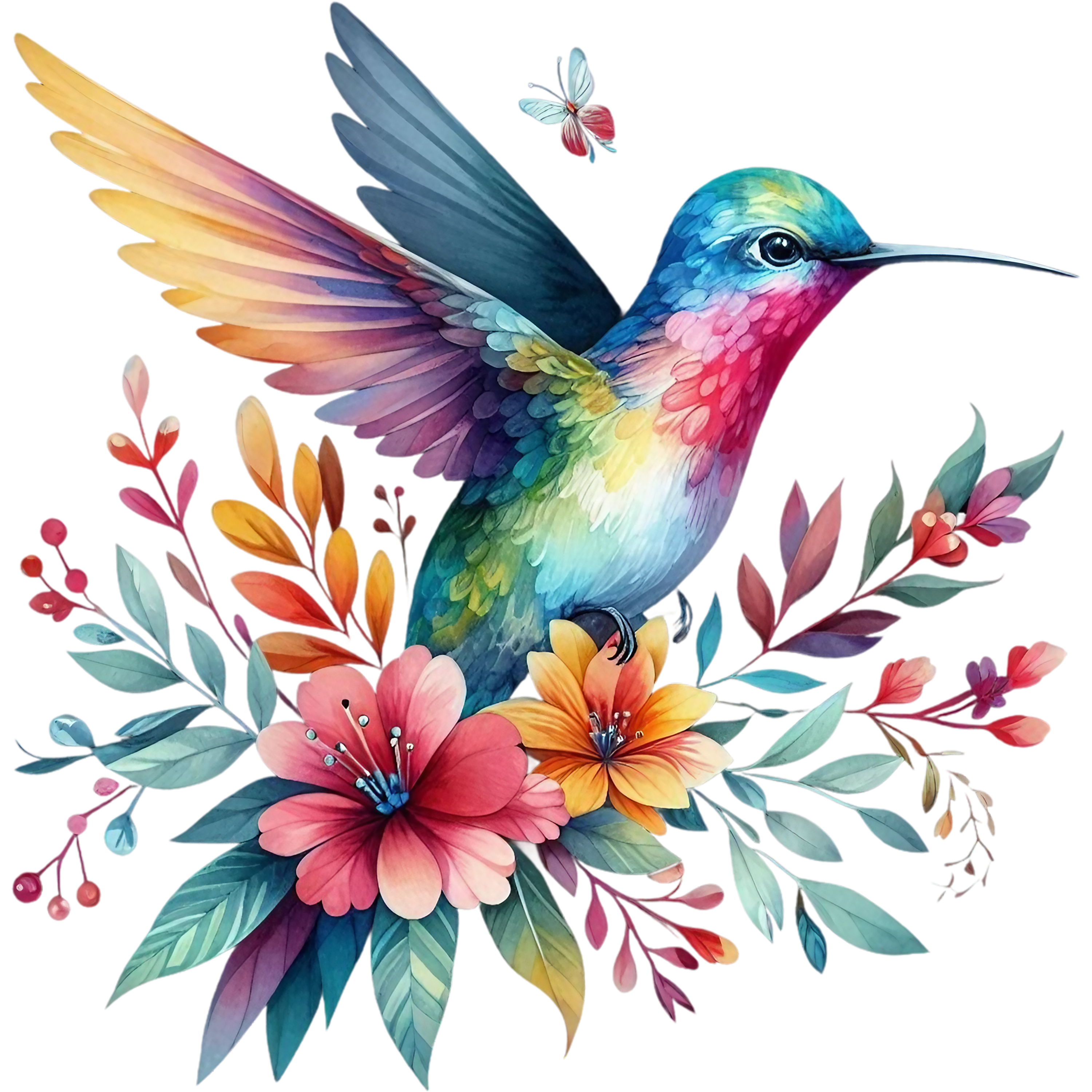 Watercolor Hummingbird Floral Fabric Panel 41