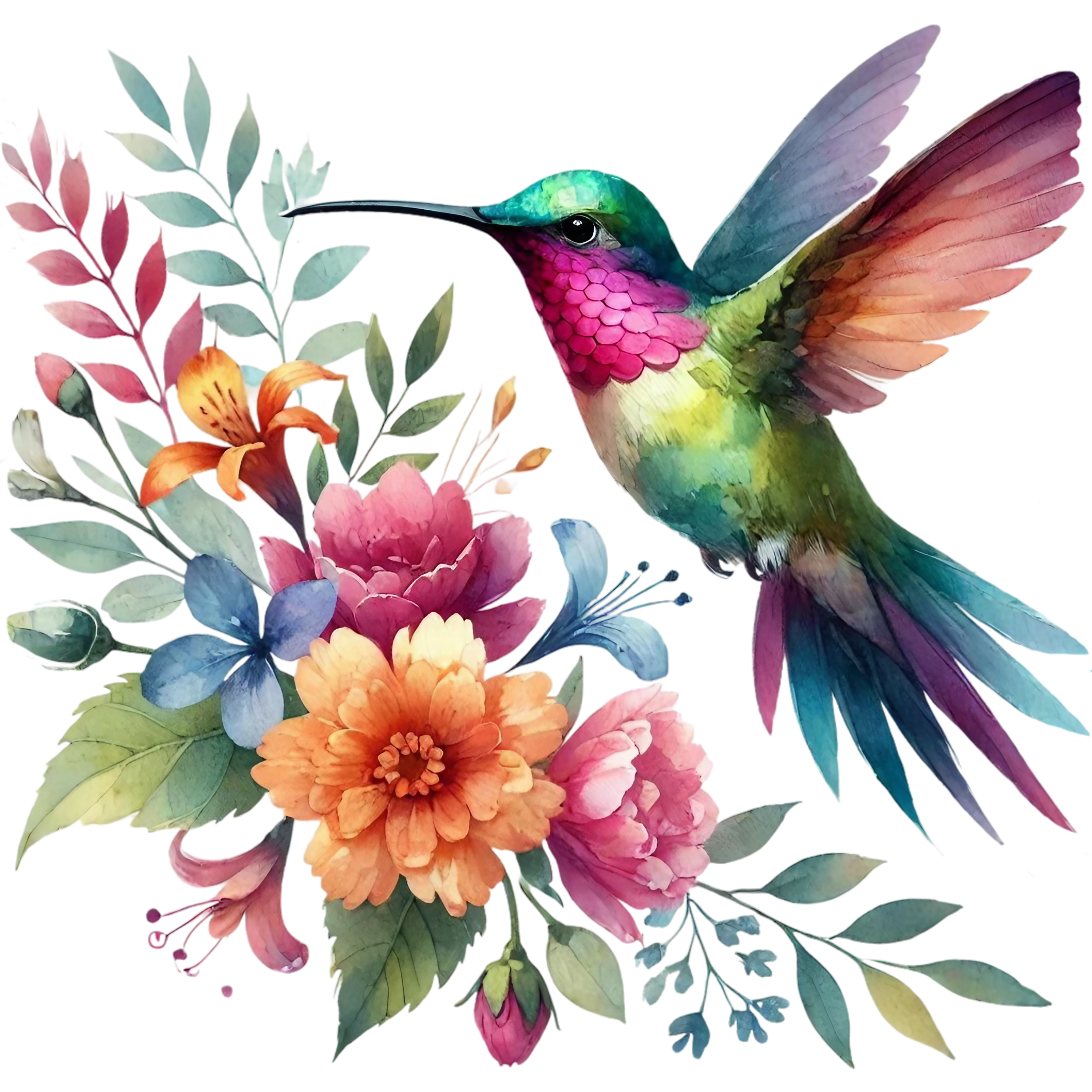 Watercolor Hummingbird Floral Fabric Panel 42