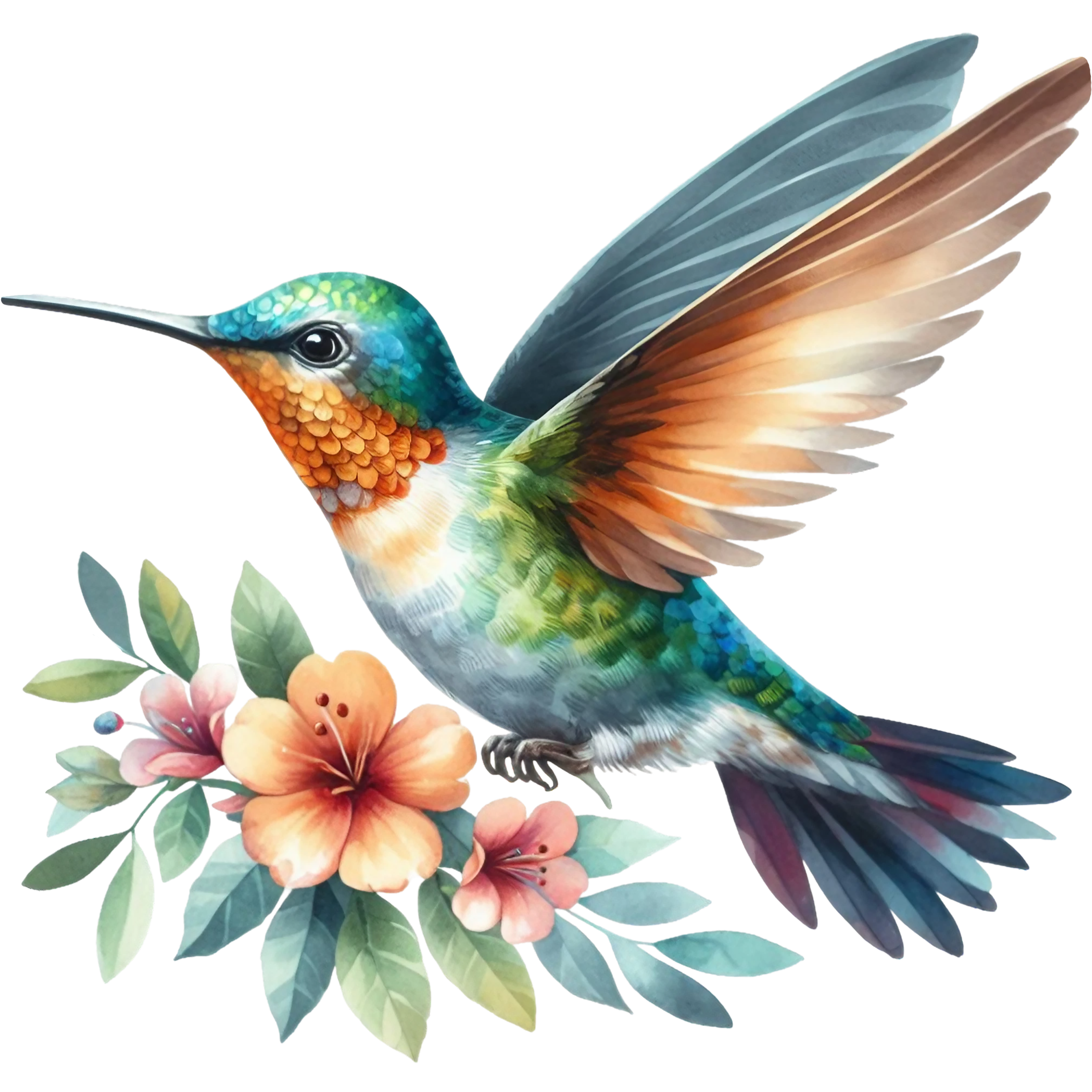 Watercolor Hummingbird Floral Fabric Panel 7
