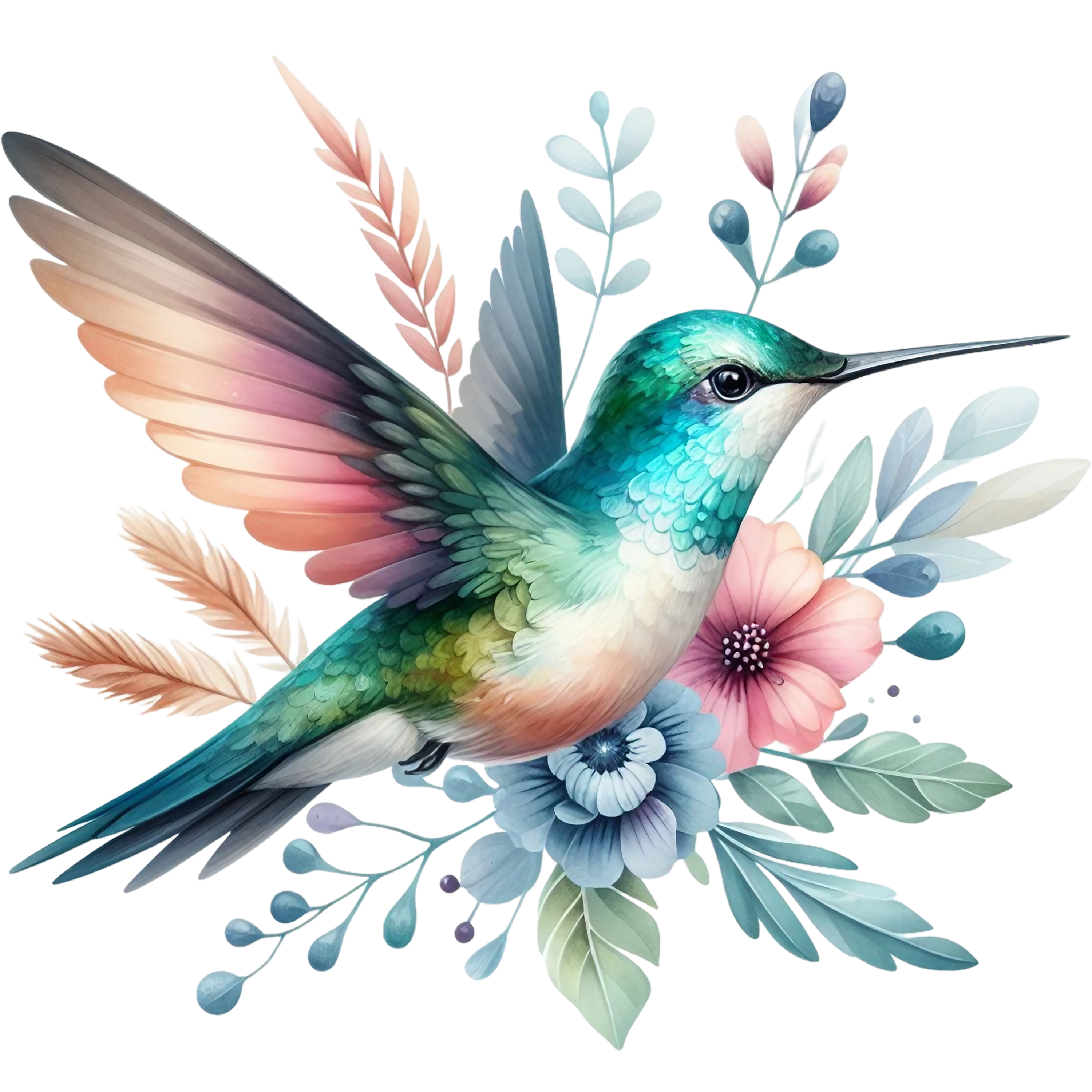 Watercolor Hummingbird Floral Fabric Panel 9