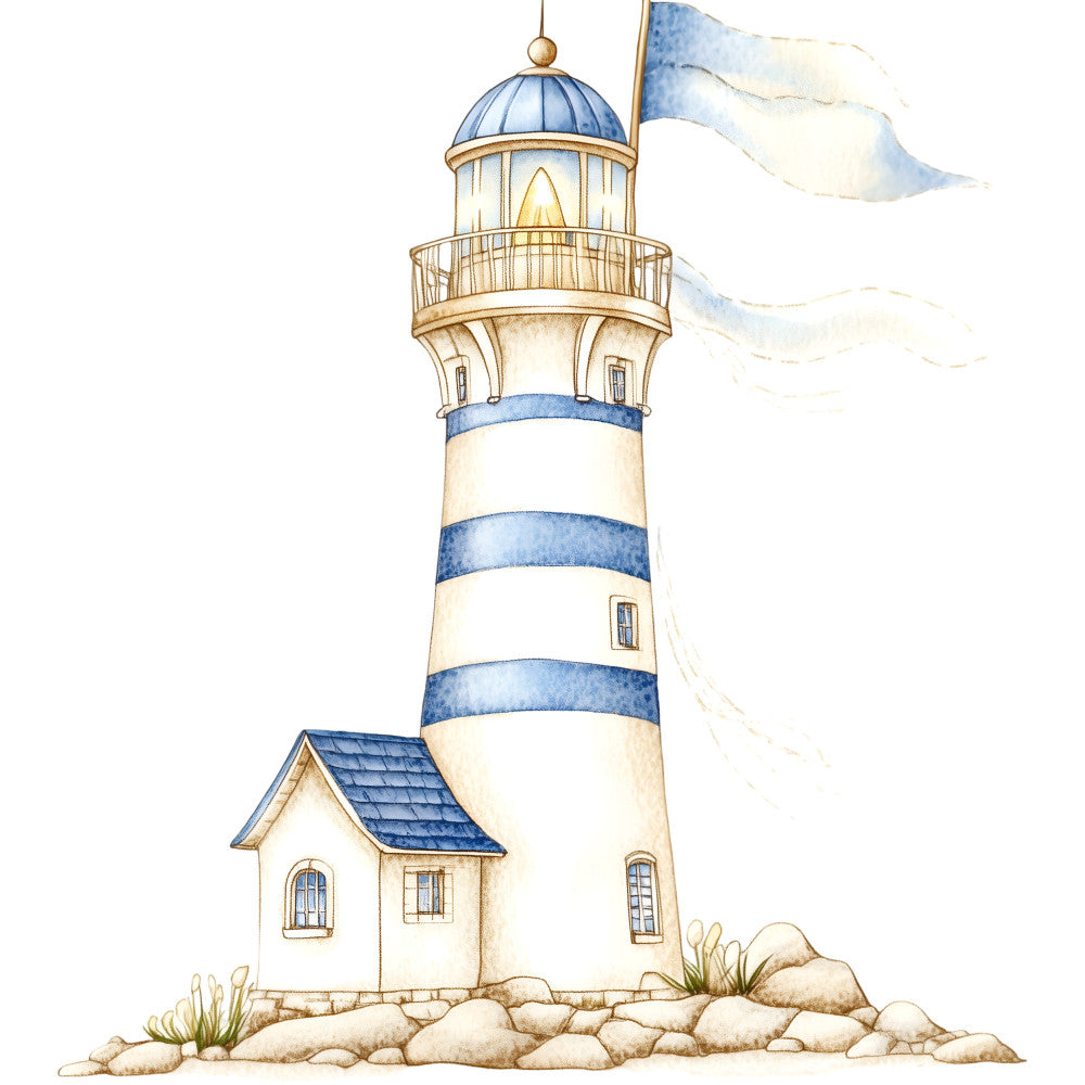 Watercolor Nautical Lighthouse Fabric Panel 12 QuiltingFabricPanels
