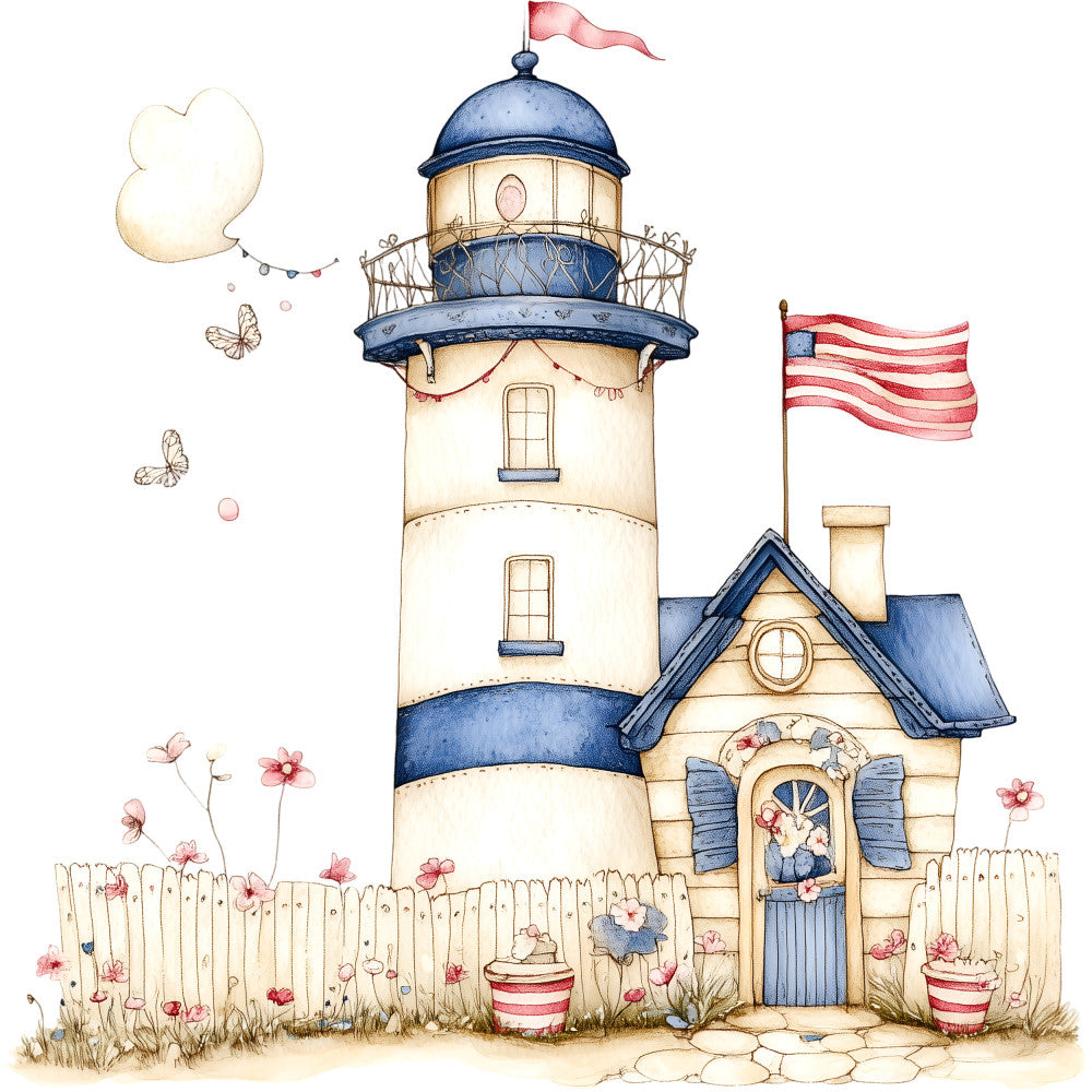 Watercolor Nautical Lighthouse Fabric Panel 14 QuiltingFabricPanels