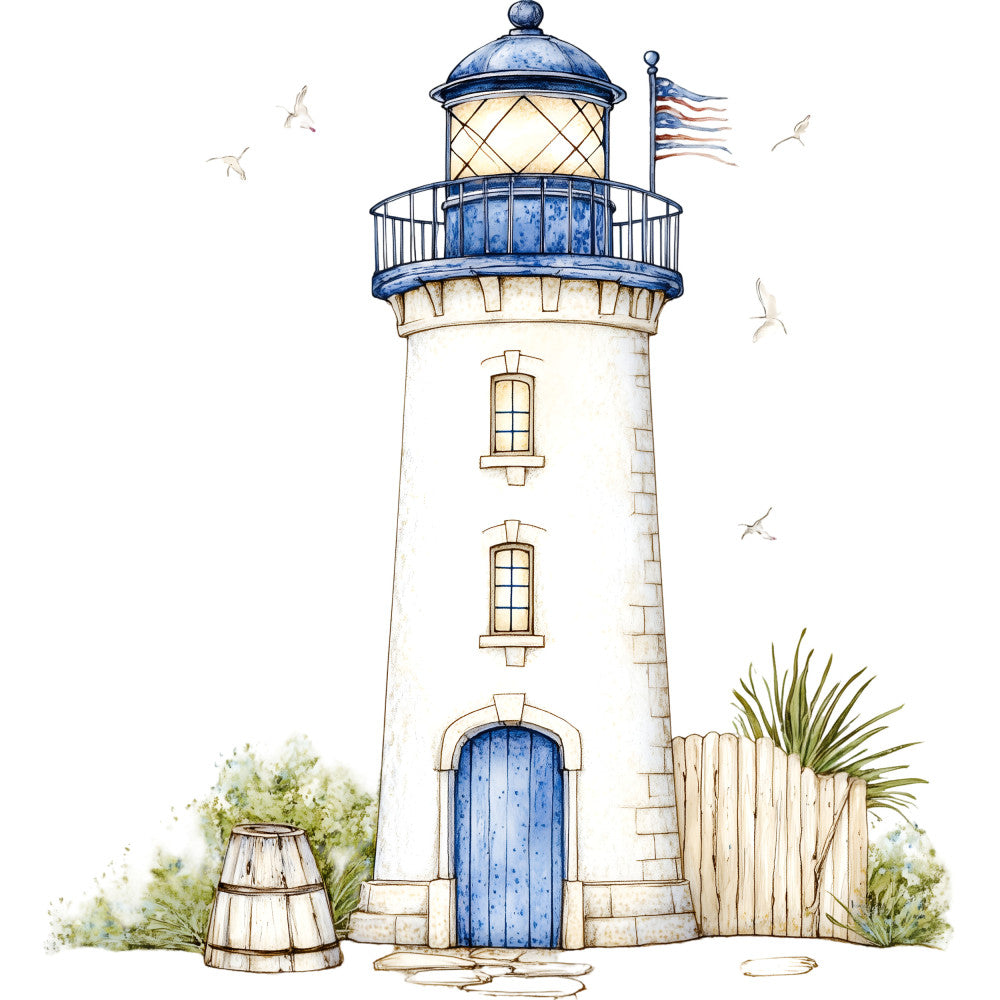Watercolor Nautical Lighthouse Fabric Panel 16 QuiltingFabricPanels
