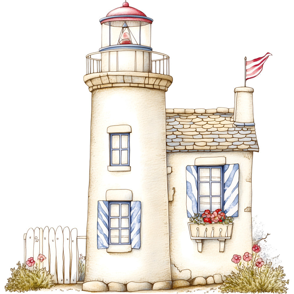 Watercolor Nautical Lighthouse Fabric Panel 3 QuiltingFabricPanels