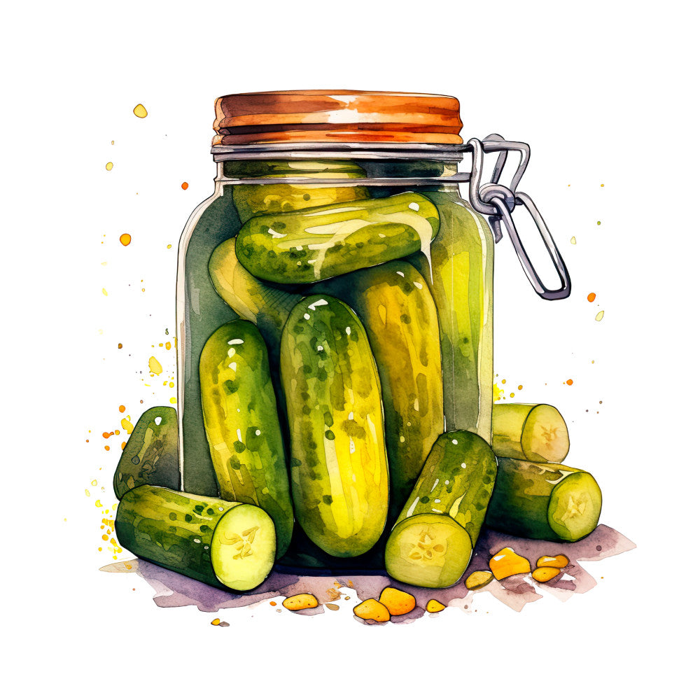 Watercolor Pickles in Jar Fabric Panel 10 QuiltingFabricPanels