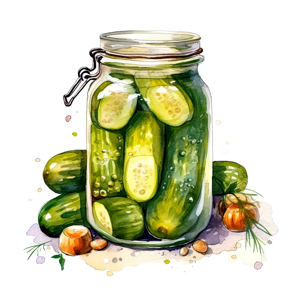 Watercolor Pickles in Jar Fabric Panel 7 QuiltingFabricPanels
