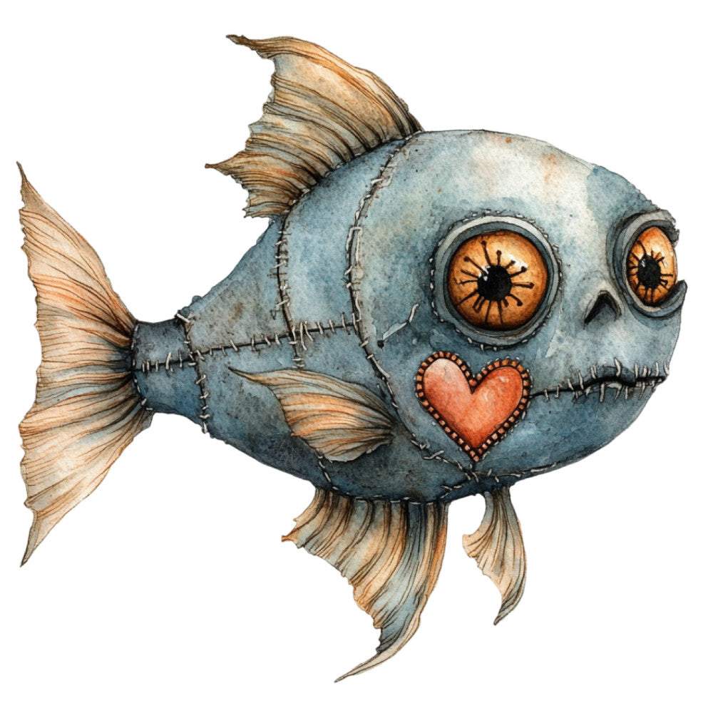 Watercolor Scary Fish Fabric Panel 10 QuiltingFabricPanels