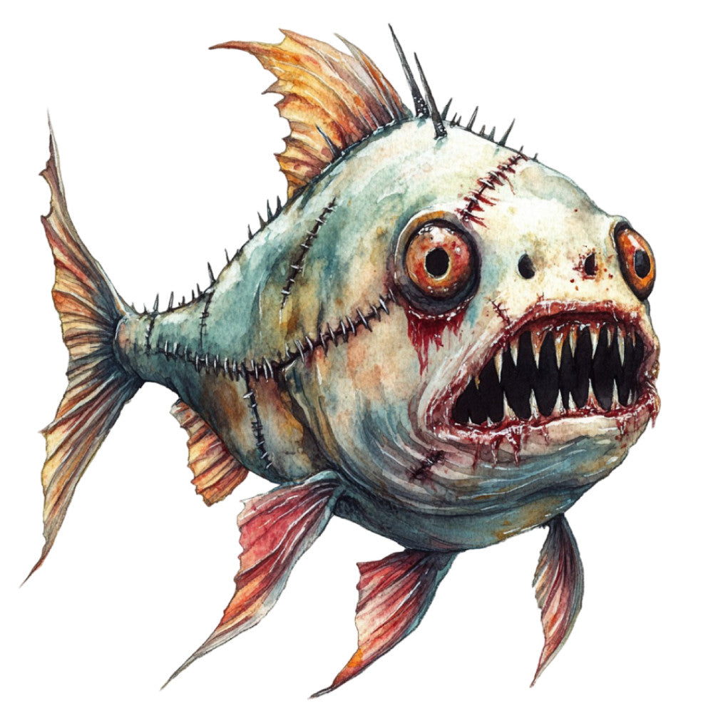 Watercolor Scary Fish Fabric Panel 14 QuiltingFabricPanels