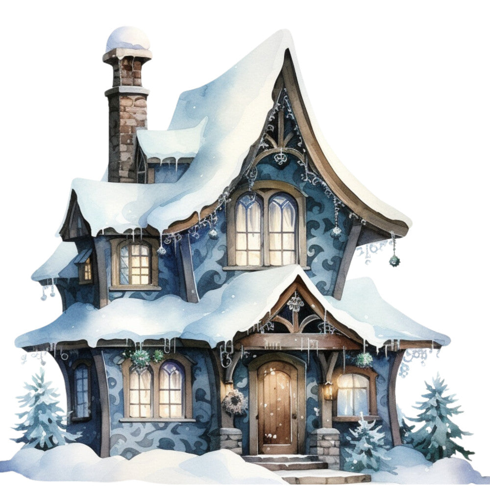 Watercolor Winter Houses Fabric Panel 1 QuiltingFabricPanels