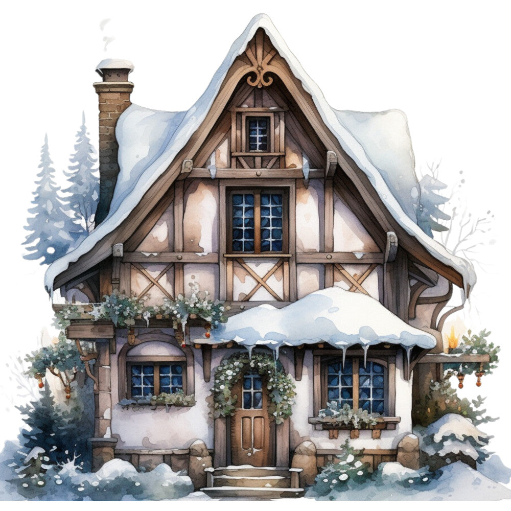 Watercolor Winter Houses Fabric Panel 23 QuiltingFabricPanels