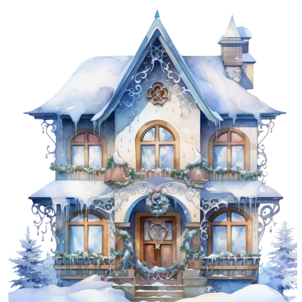 Watercolor Winter Houses Fabric Panel 3 QuiltingFabricPanels