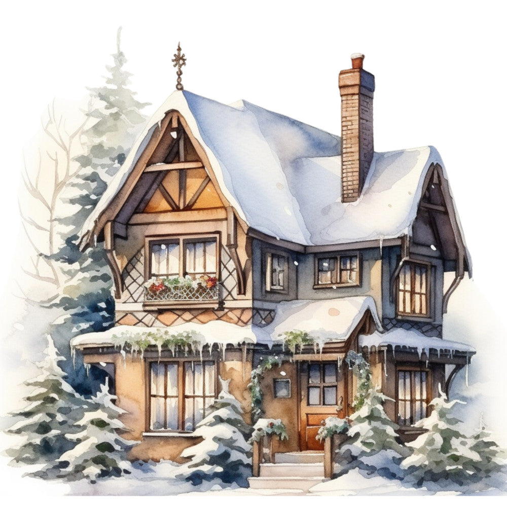 Watercolor Winter Houses Fabric Panel 30 QuiltingFabricPanels